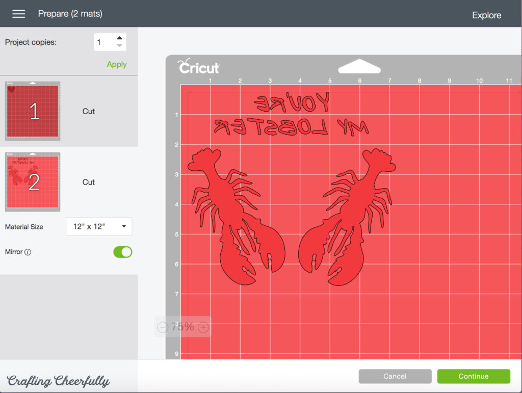 Design space file is reversed and shown on a red cutting mat.