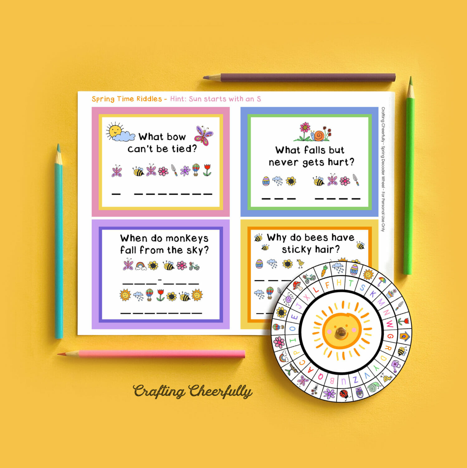 Spring decoder wheel on a yellow background.