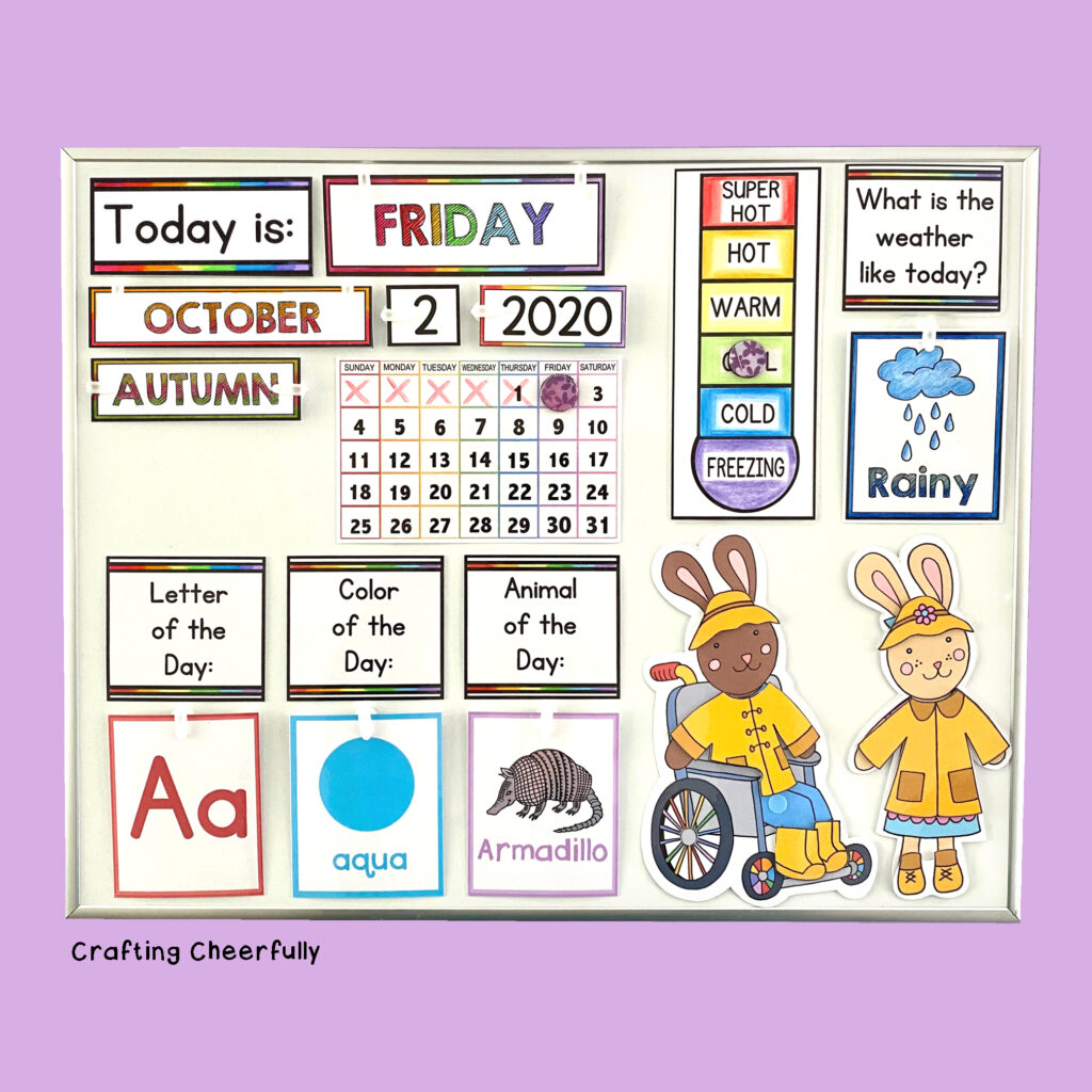 DIY Children's calendar with colorful cards for the day of the week and weather.