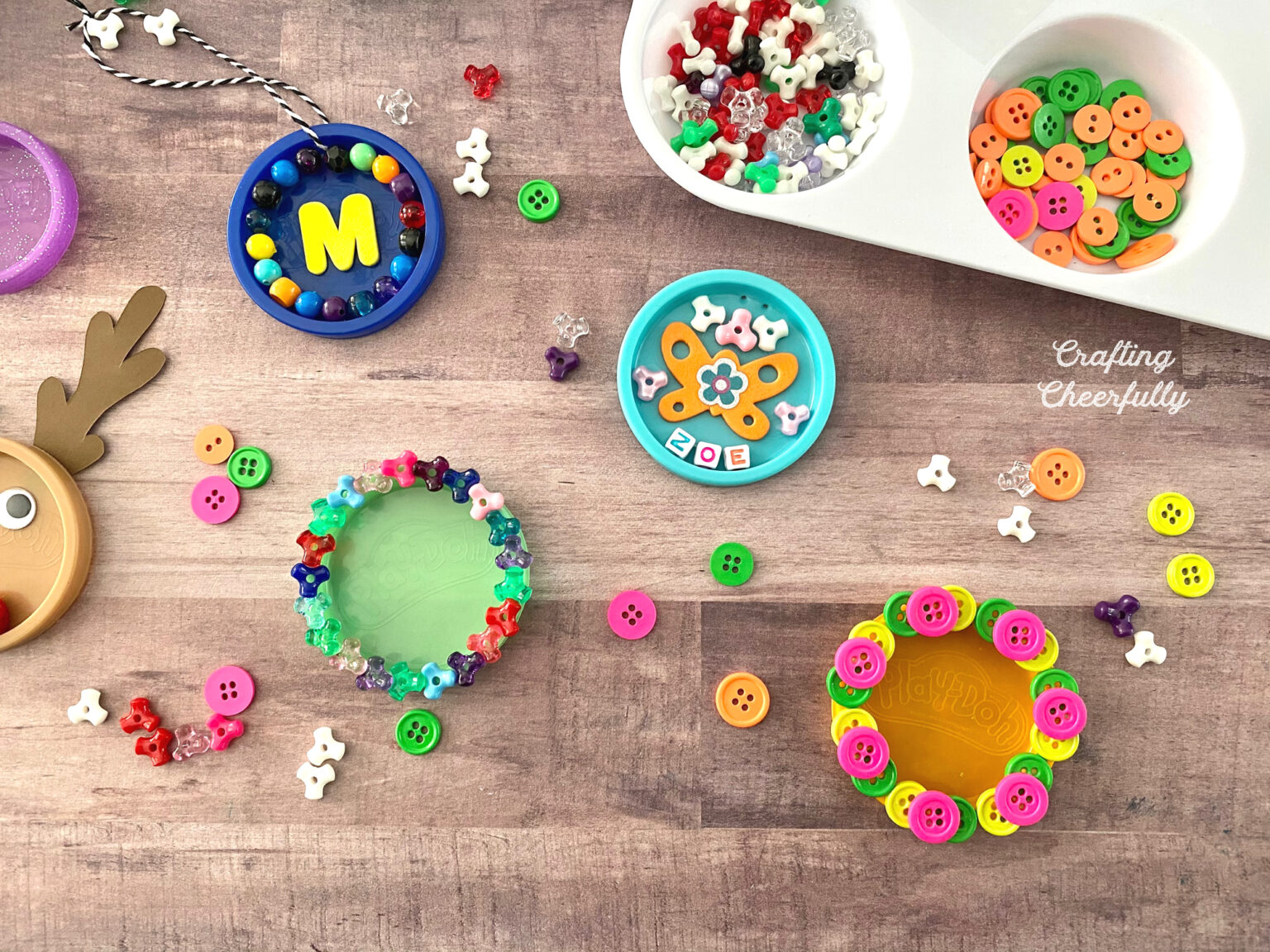 Recycled PlayDoh Lid Ornaments Crafting Cheerfully