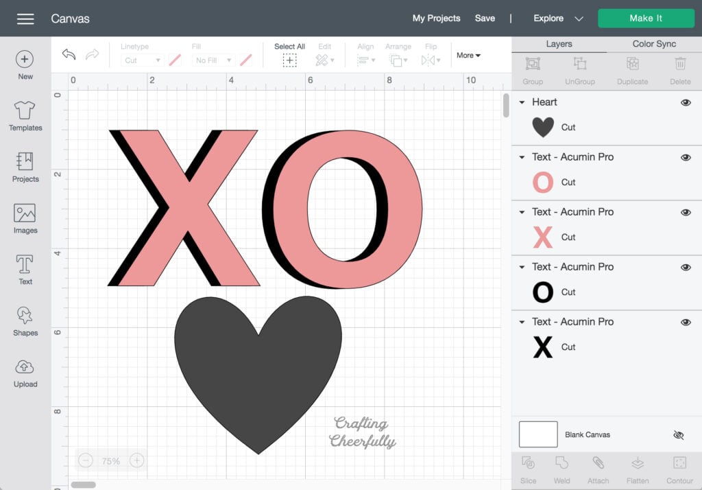 Banner design in Cricut Design Space consisting of an X, O and heart. 