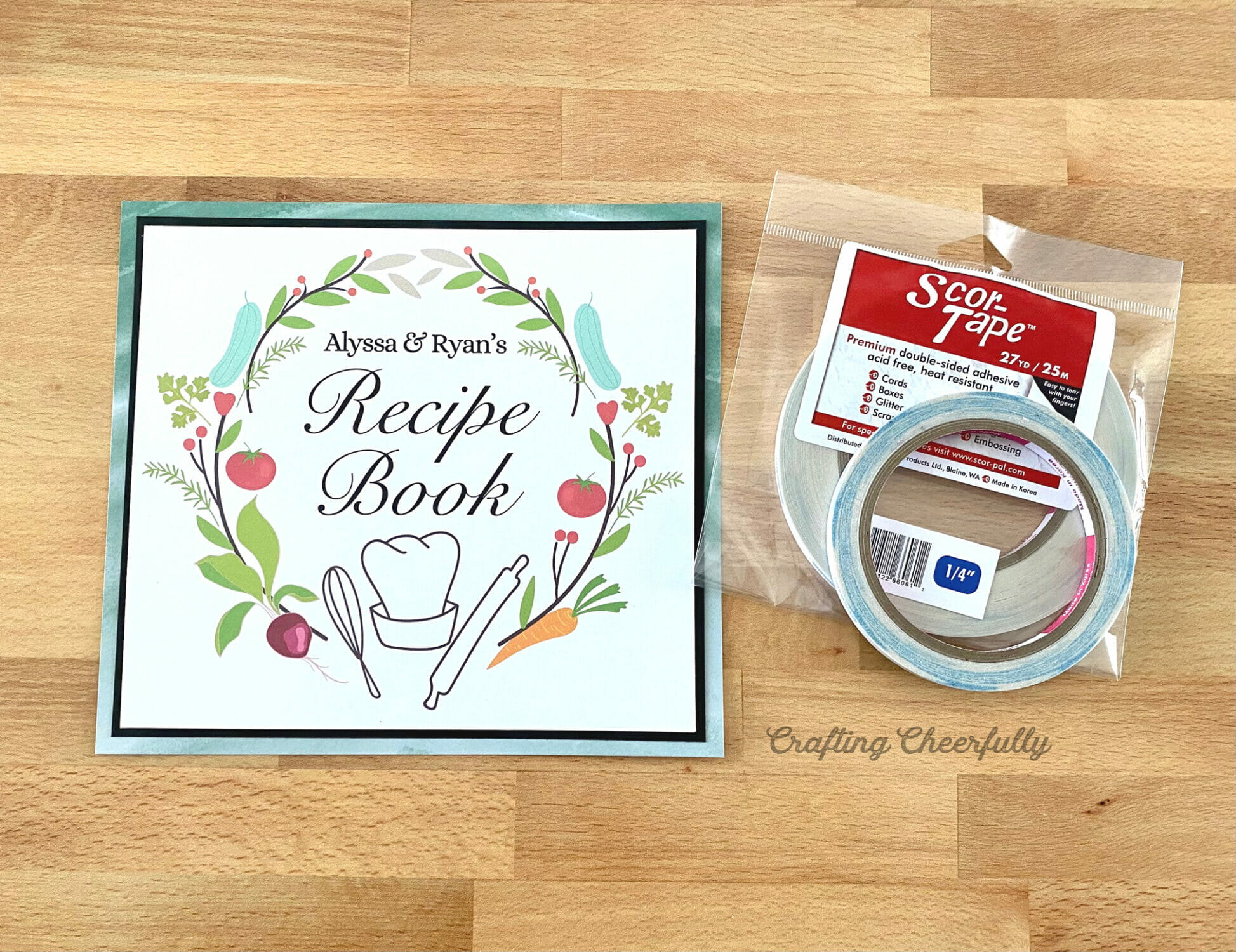 Recipe book label on a kitchen counter.