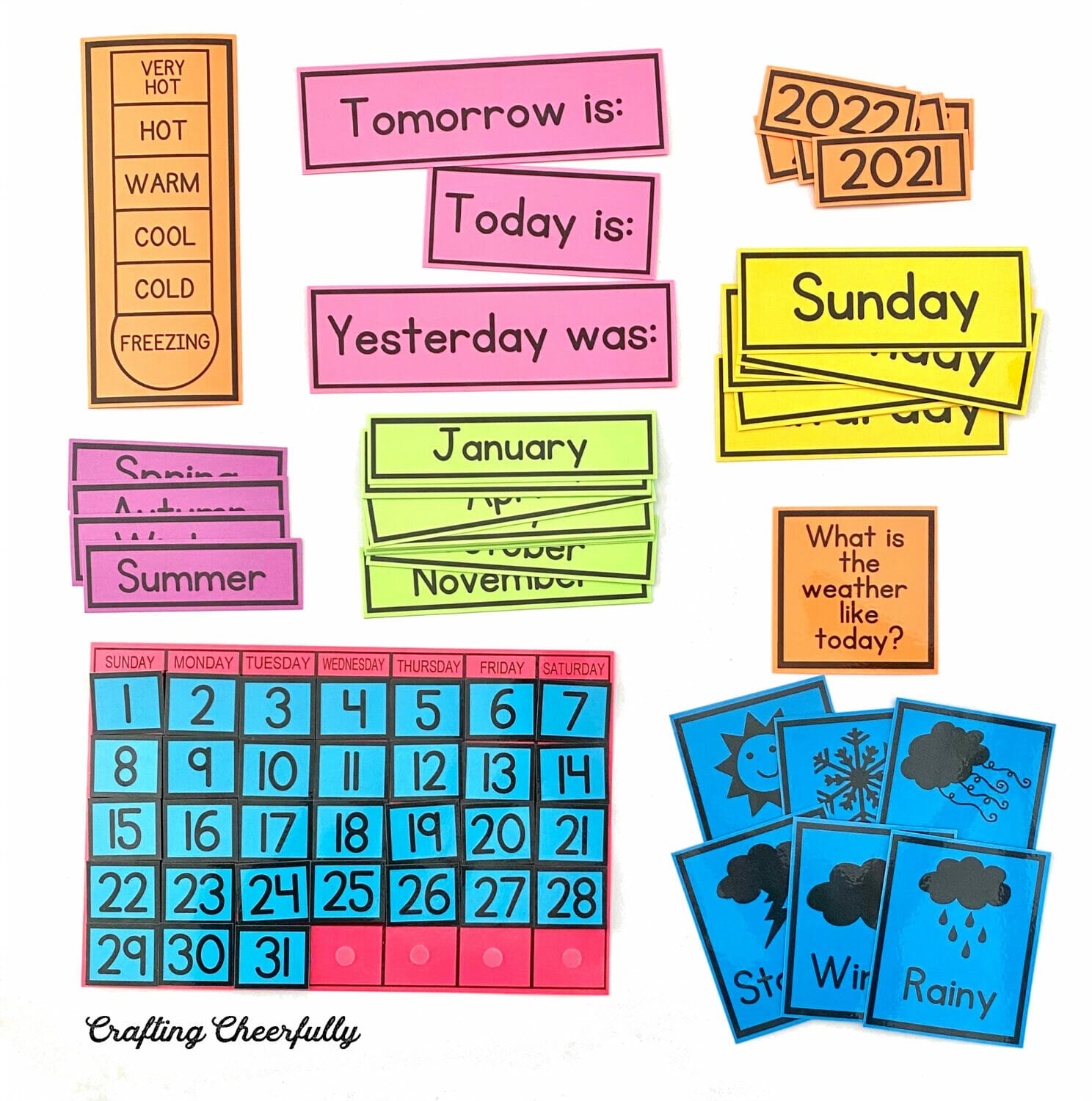 Printables on colored cardstock.