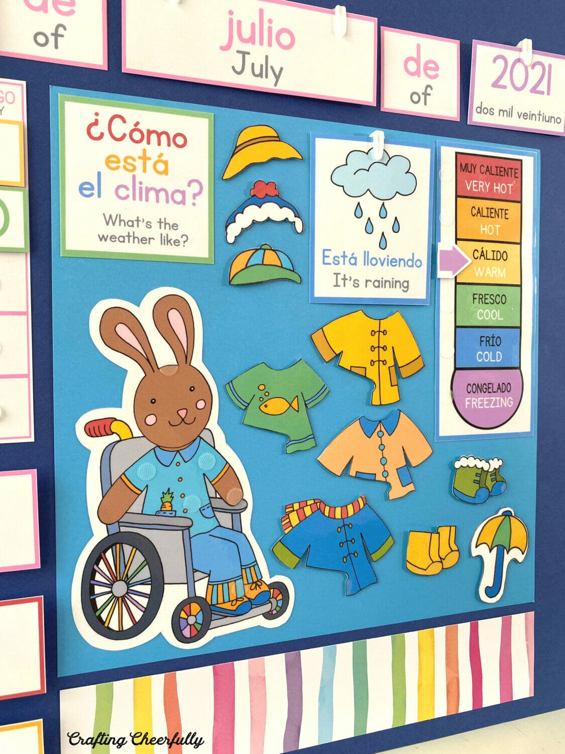 Morning Board in Spanish and English showing weather bunnies.