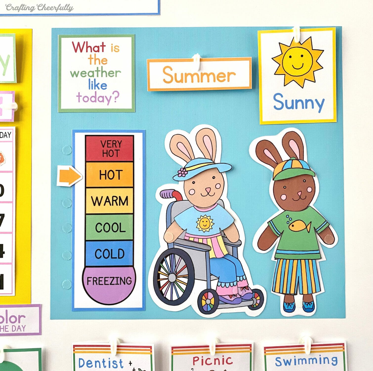 Preschool morning board featuring bunnies dressed for the weather.