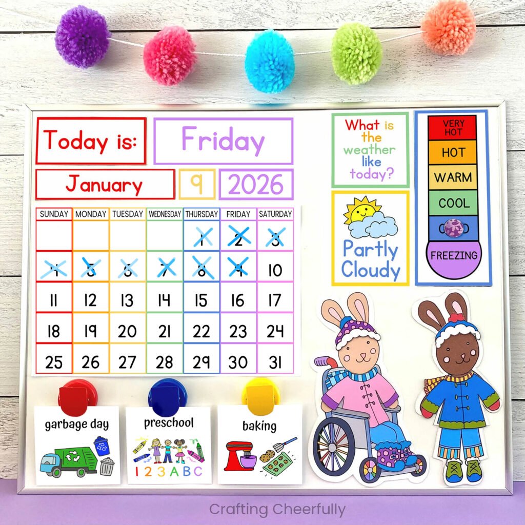 Children's calendar with colorful printables, bunnies dressed for the weather, and activity cards for the day.