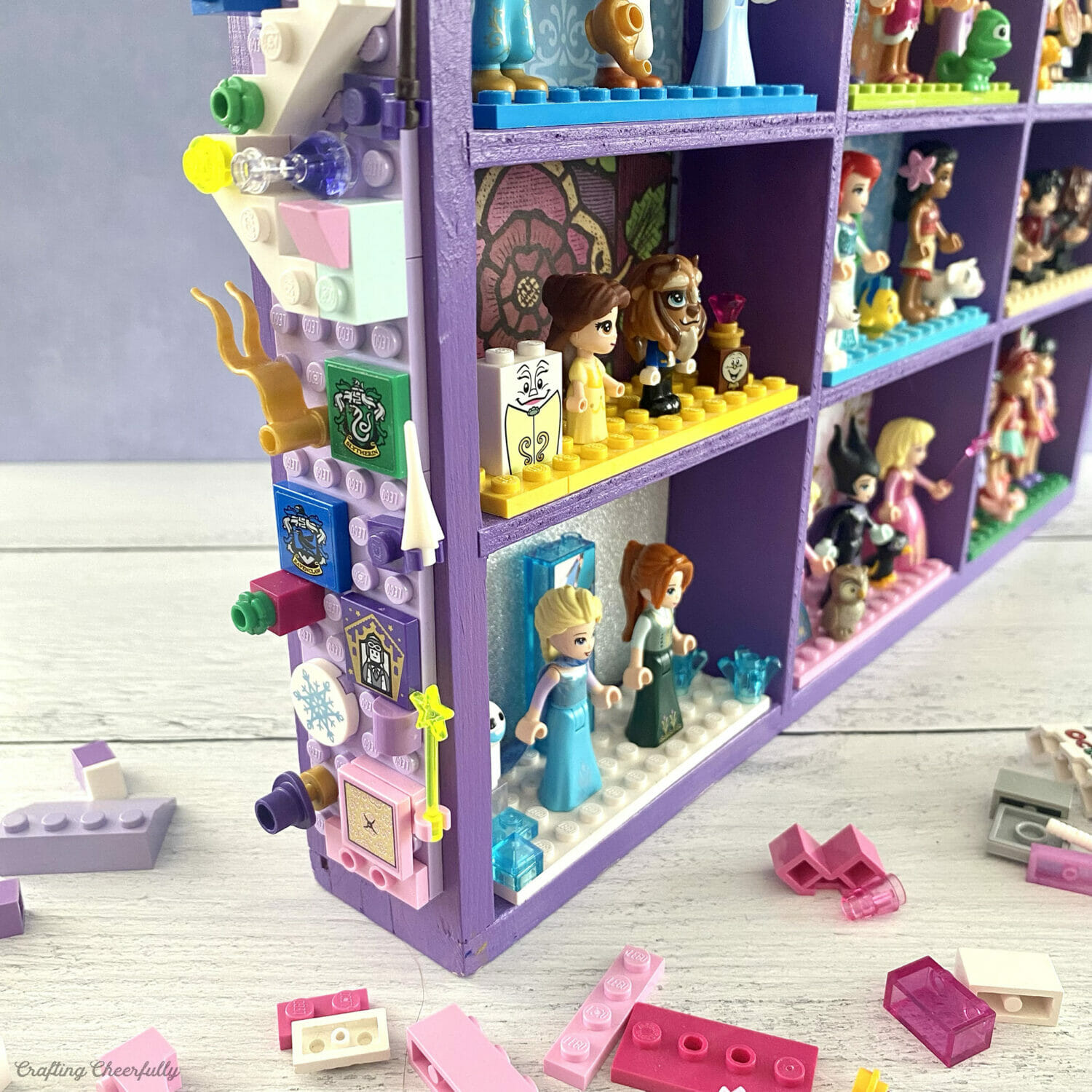 The side of the LEGO display case with LEGO plates for building and playing fun.