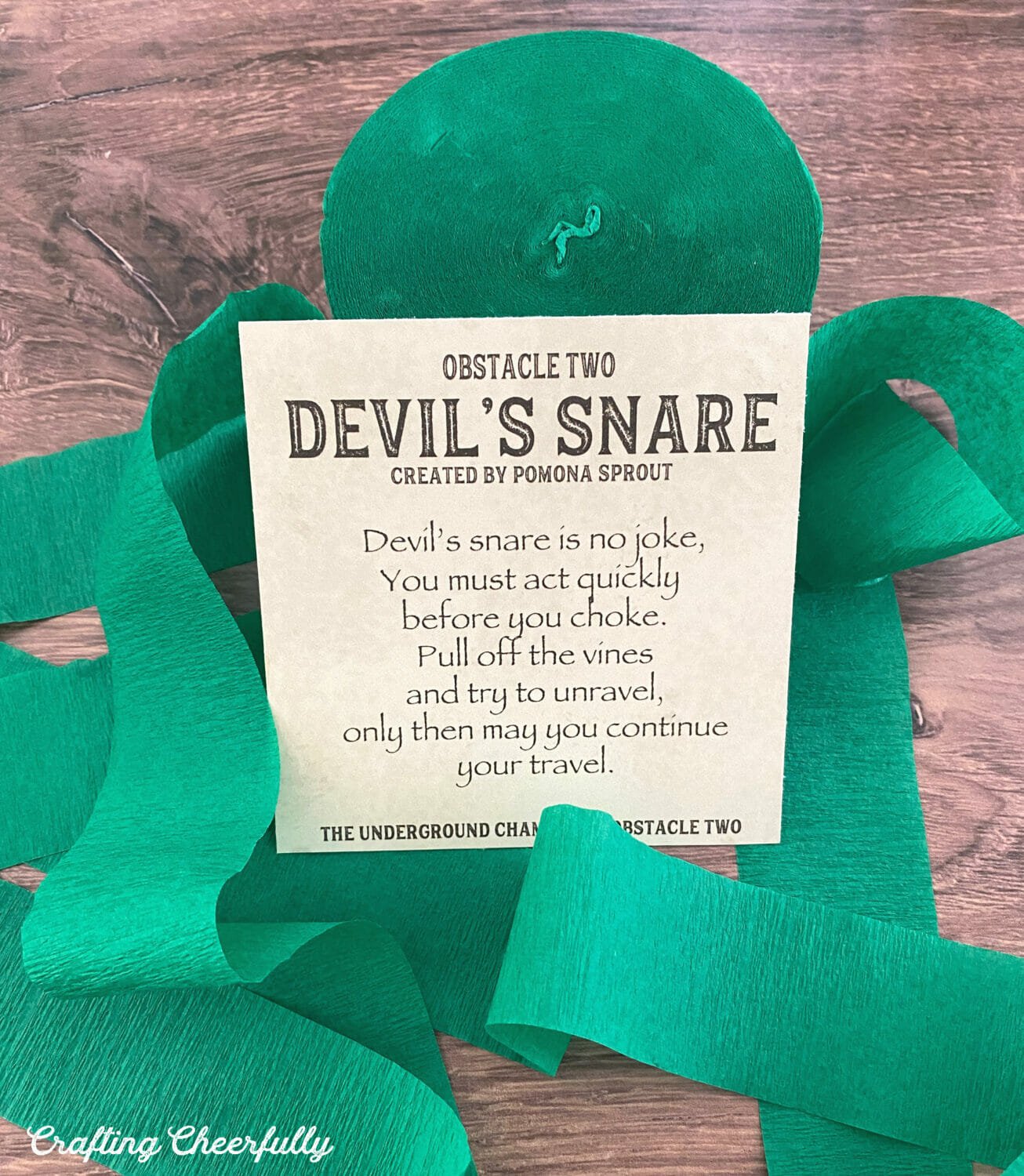 Obstacle two card sits on table surrounded by green streamers.