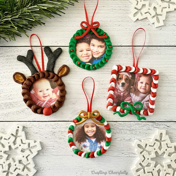 Christmas photo ornaments made from colorful clay with pictures of little kids.