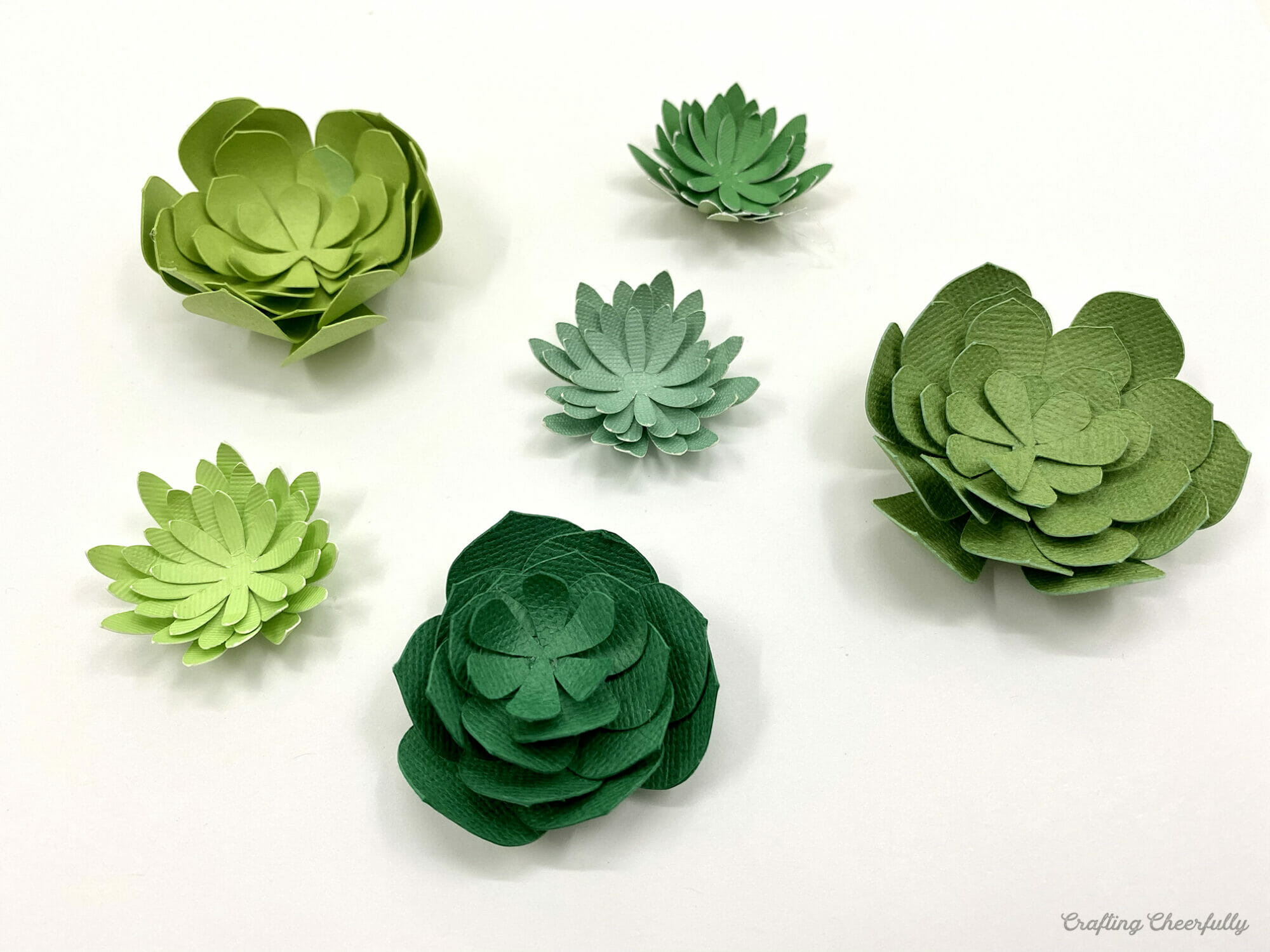 Paper succulents in different shades of green.