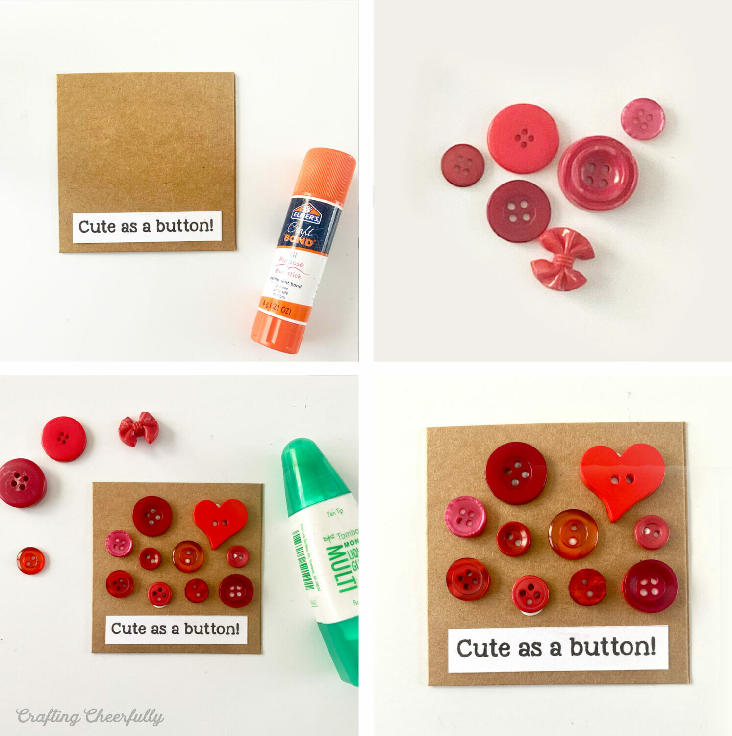 Step by Step picture collage showing how to make a button valentine that reads Cute as a Button.