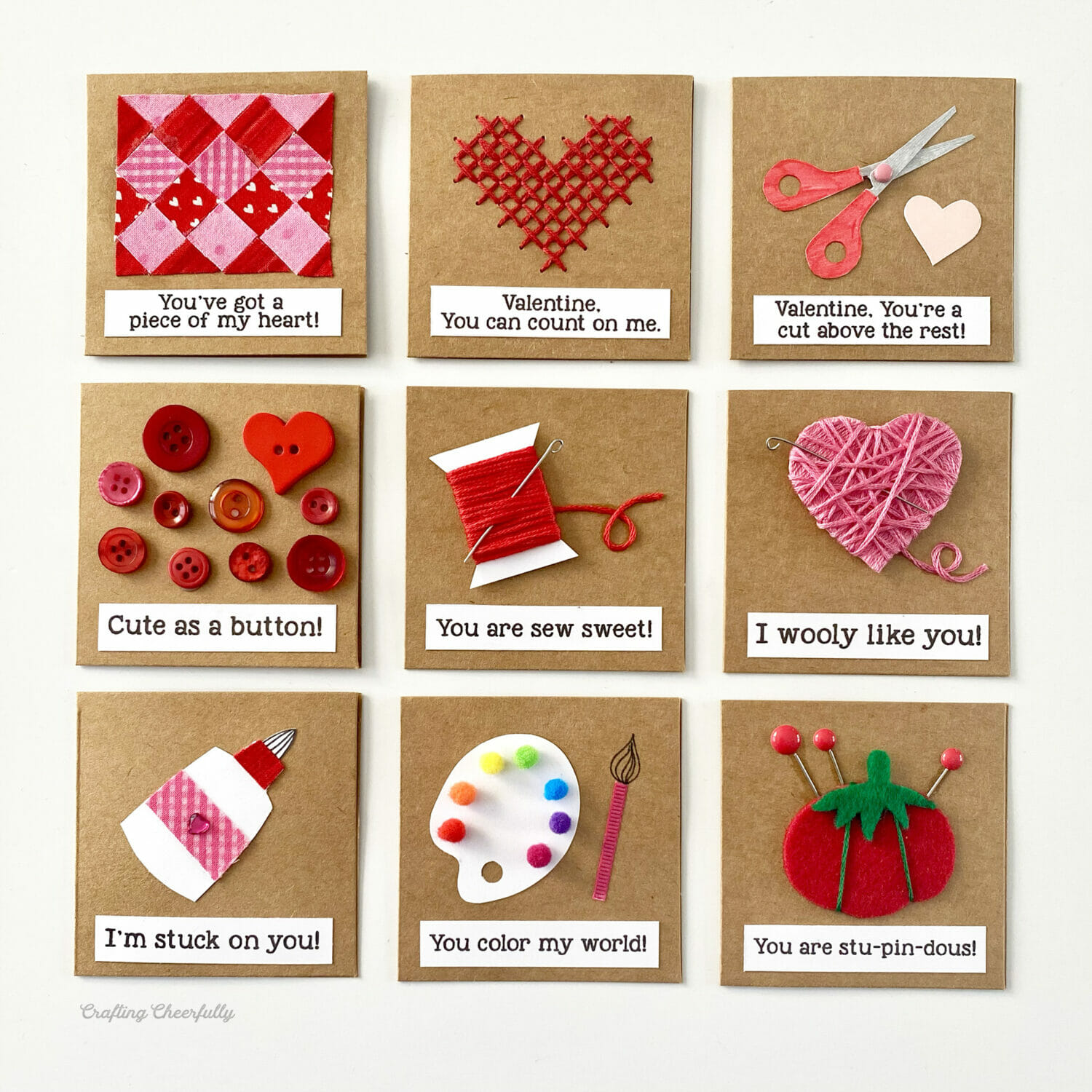 Sewing-themed handmade valentines with craft-themed puns on them.
