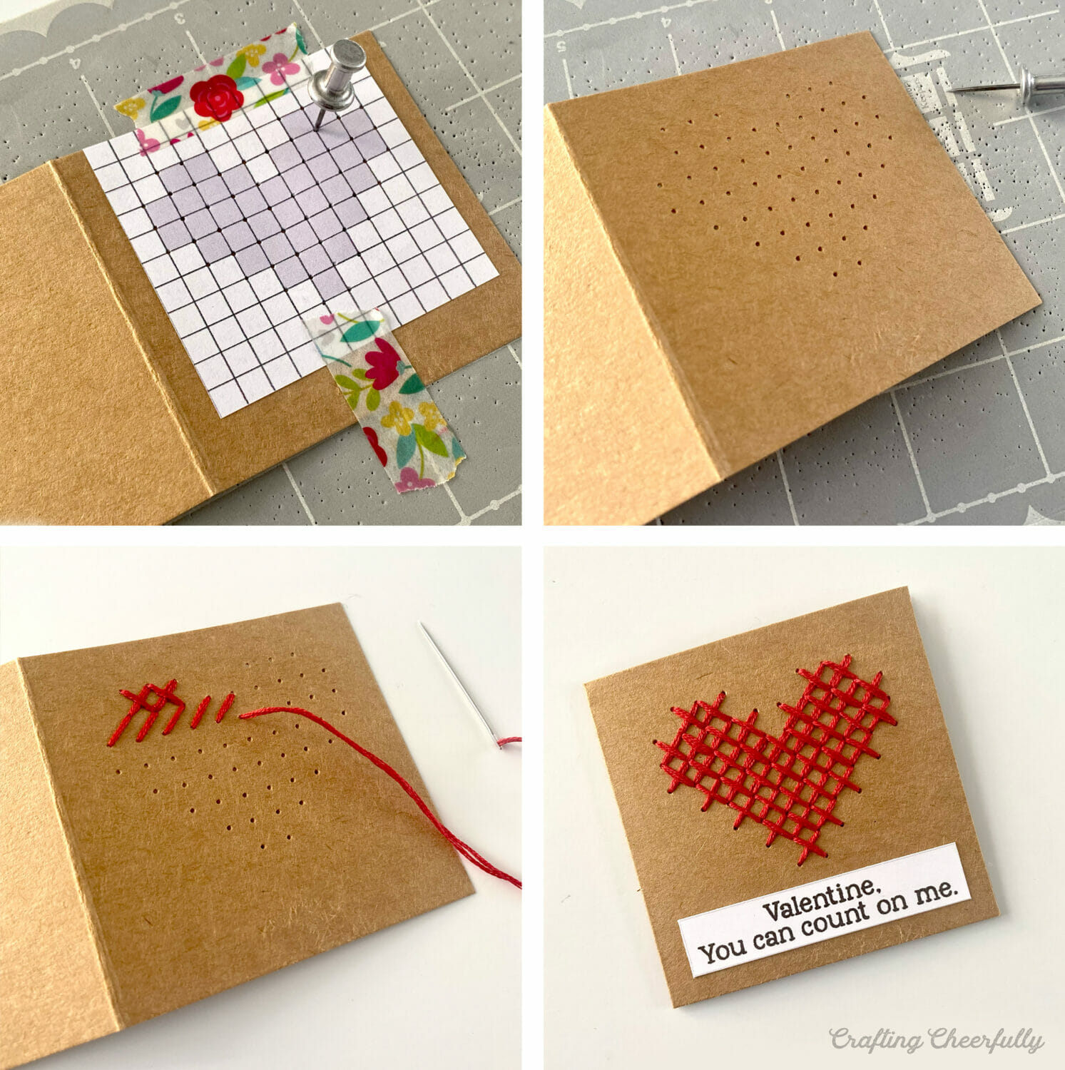 Step by Step picture collage showing how to make a cross stitch valentine that reads Valentine, you can count on me.