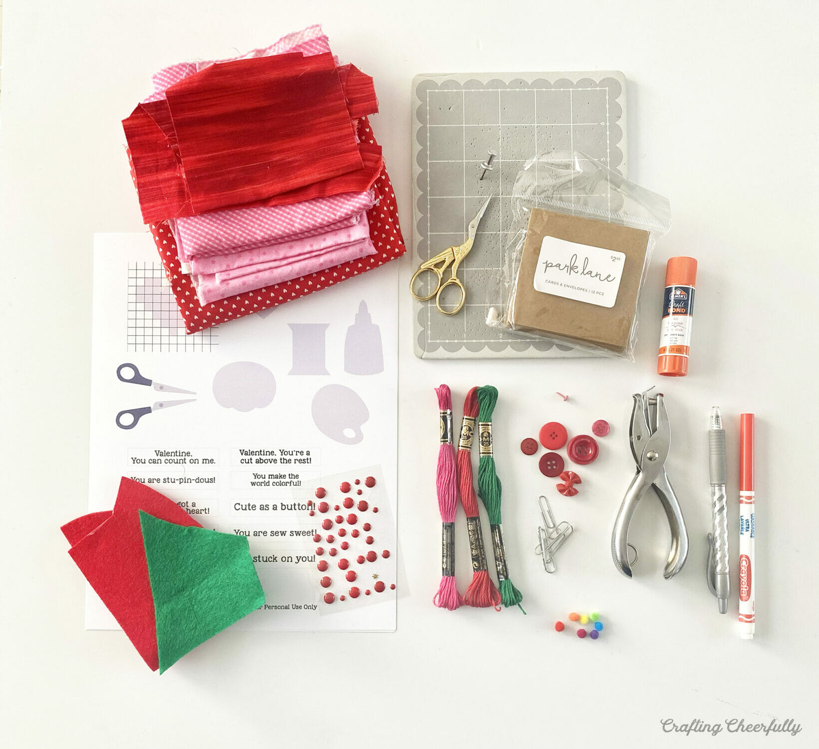 Craft supplies gathered together to make crafty valentines. 