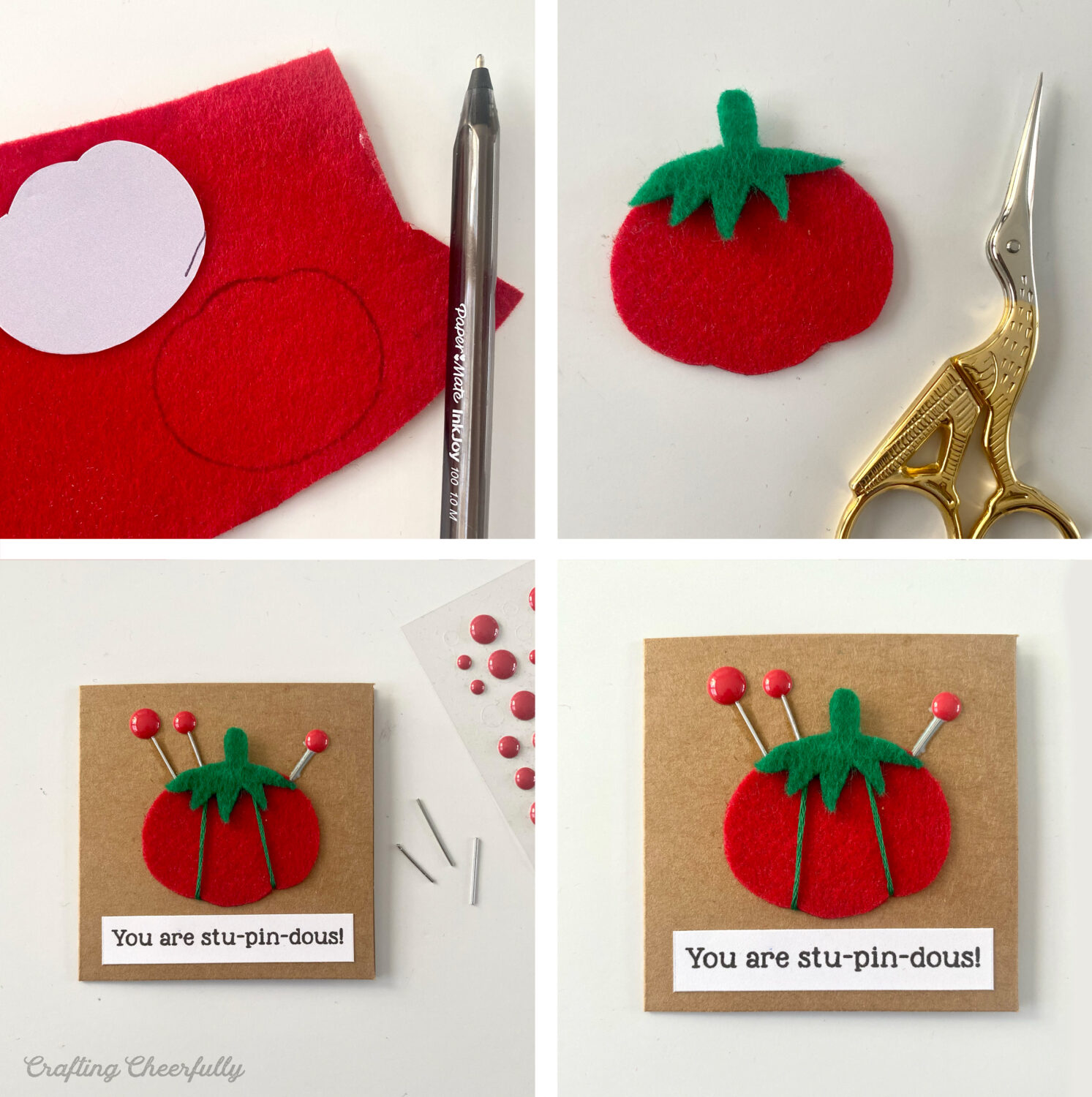 Step by Step picture collage showing how to make a pincushion valentine that reads You are stu-pin-dous.