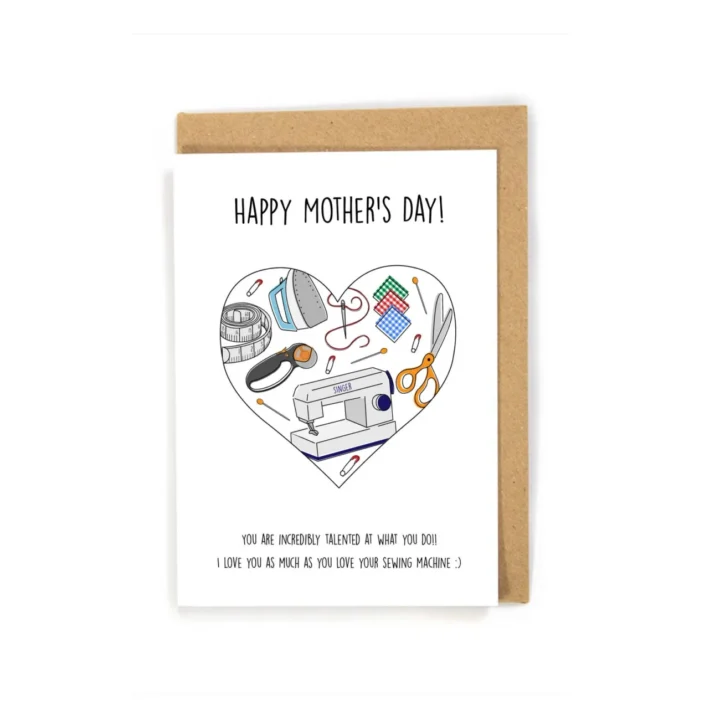 Card with an illustrated heart filled with sewing supplies and tools; the card reads 'Happy Mother's Day!"