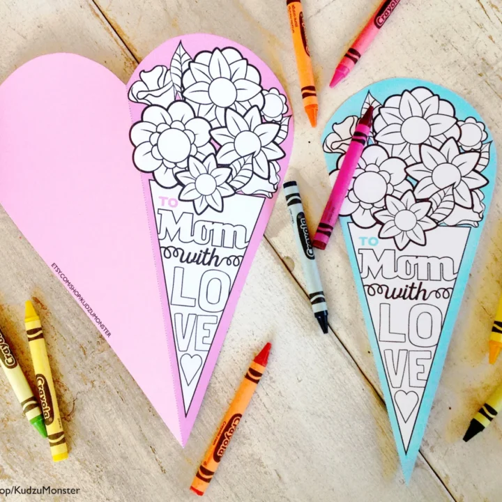 Mother's Day bouquet coloring cards that when opened are in the shape of a heart.