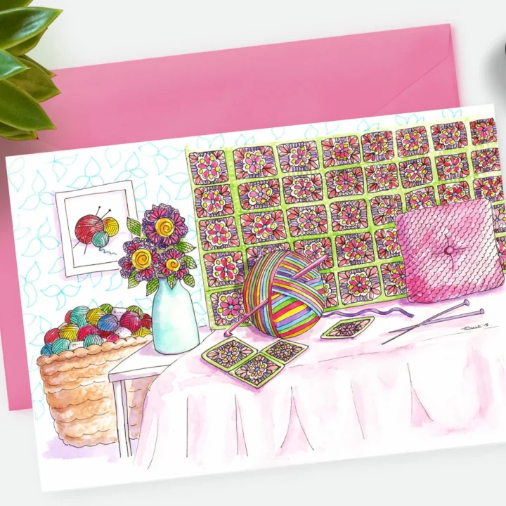 Notecard with knitting or crocheting scene hand painted.