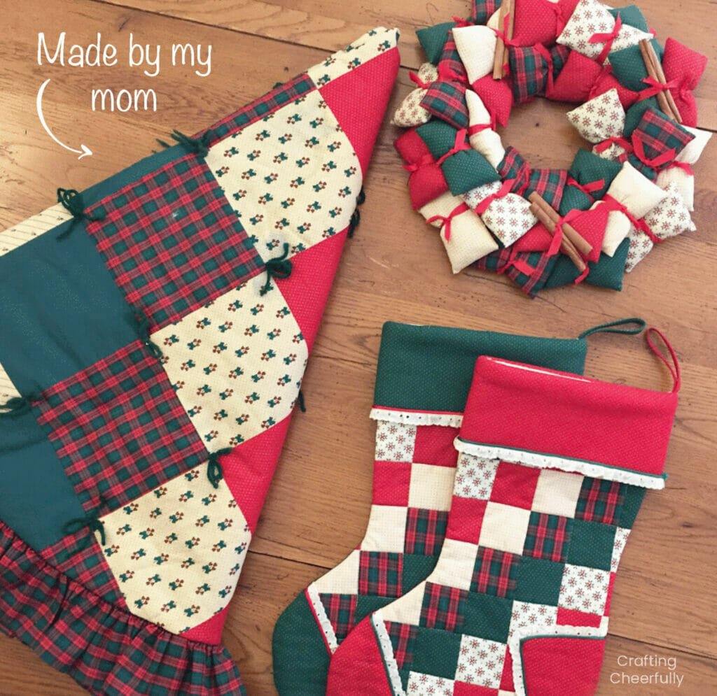 Tree skirt, stockings and pillow wreath made in the same fabrics.