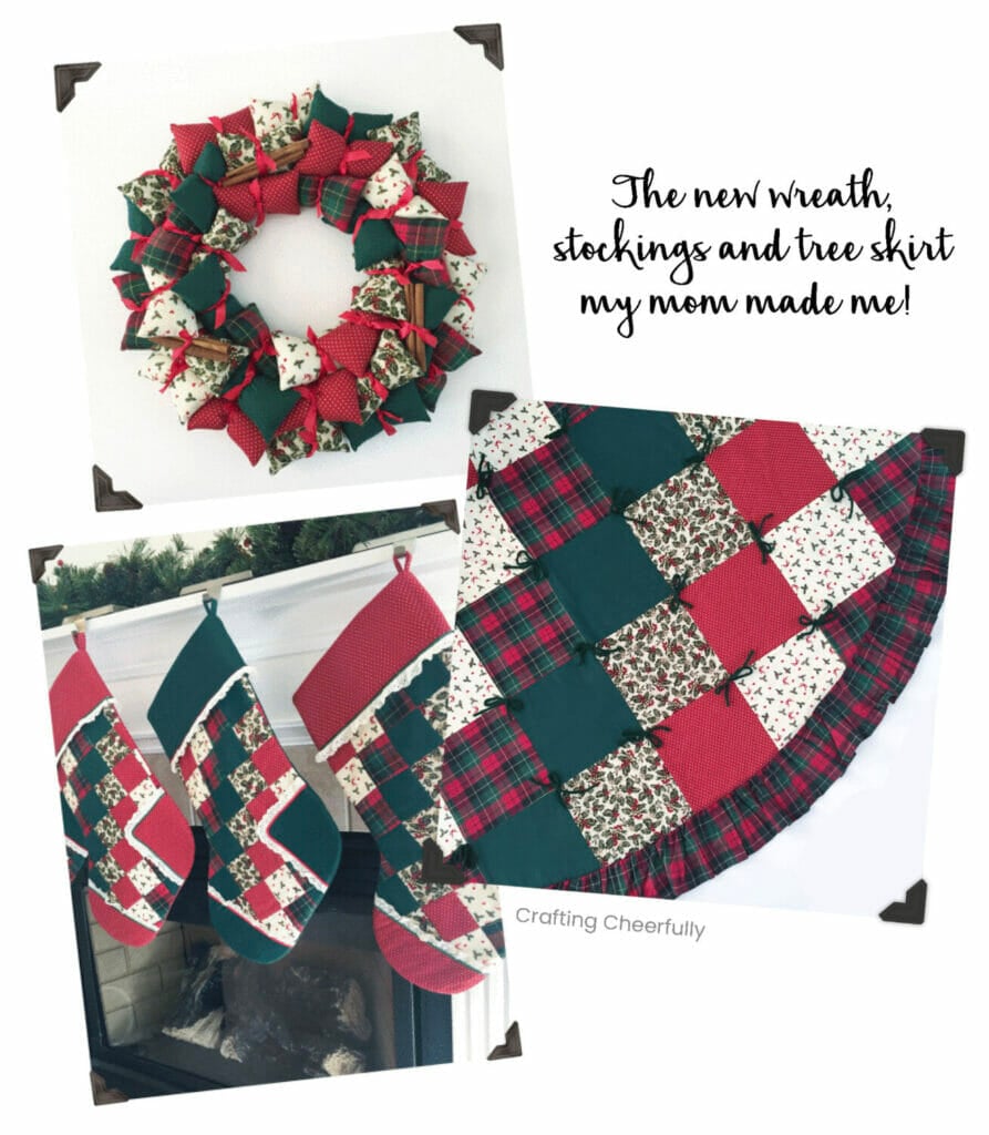 Handmade Christmas decorations including a tree skirt, pillow wreath and stockings.
