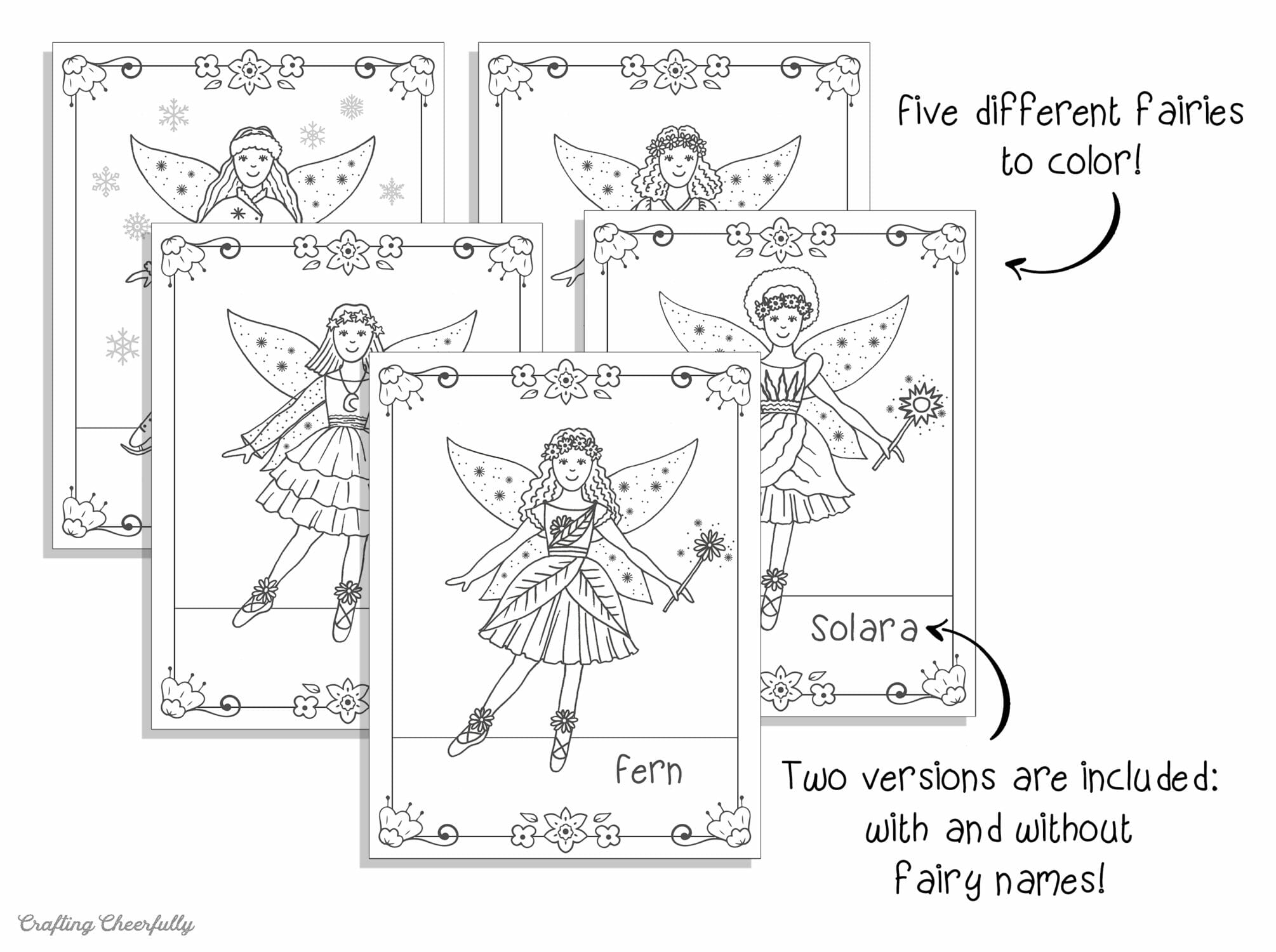 Five fairy coloring pages.