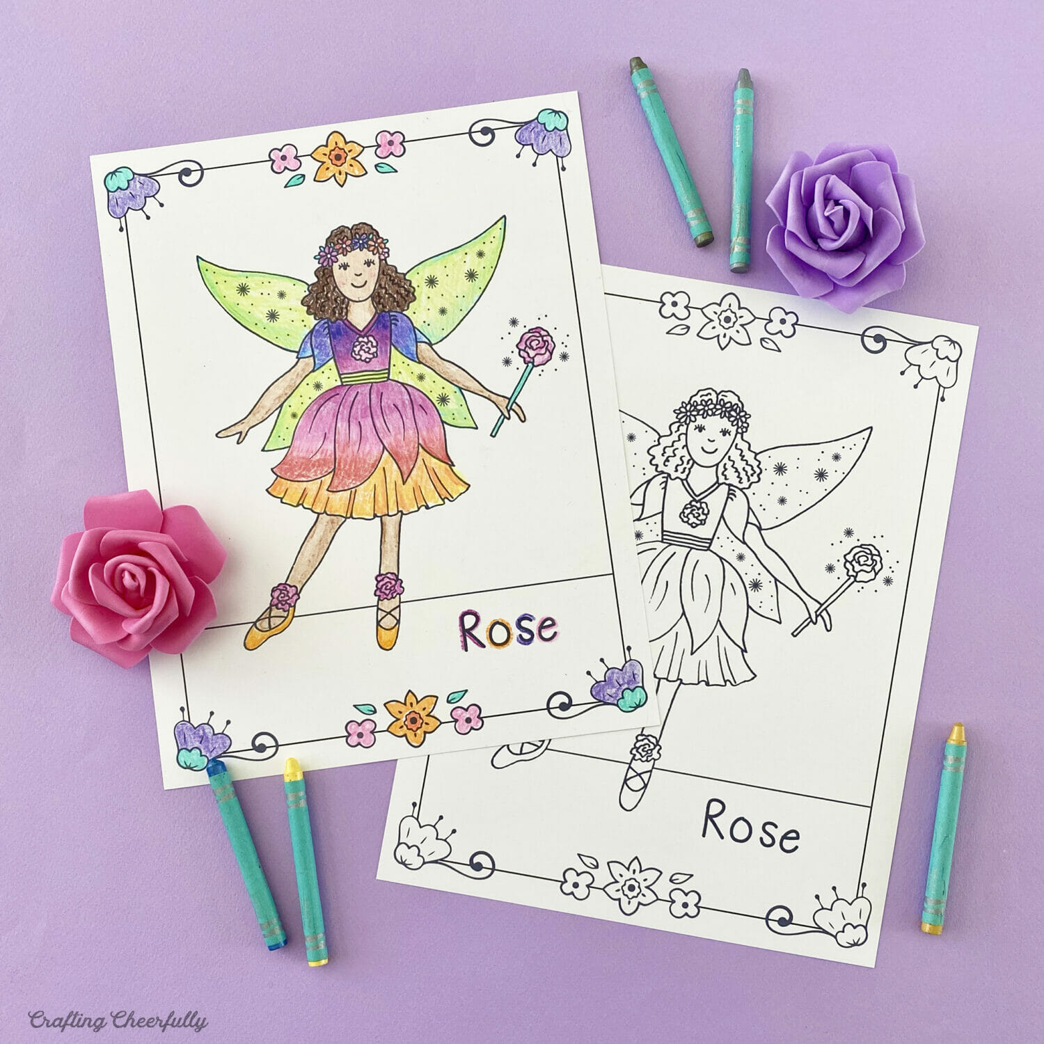 Fairy coloring pages for Rose the flower fairy with one colored and one not colored yet.