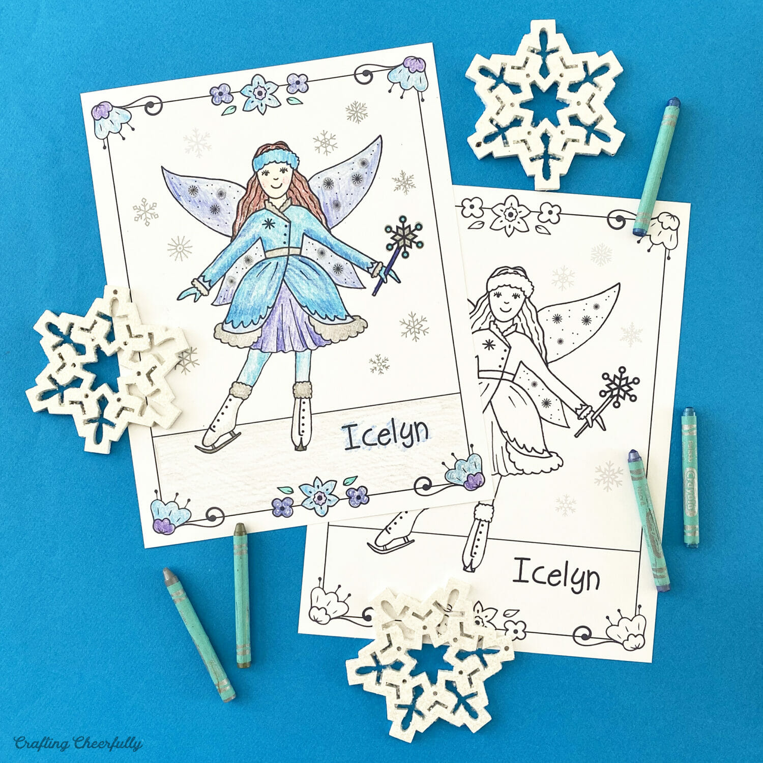 Fairy coloring pages for Icelyn the snow fairy with one colored and one not colored yet.