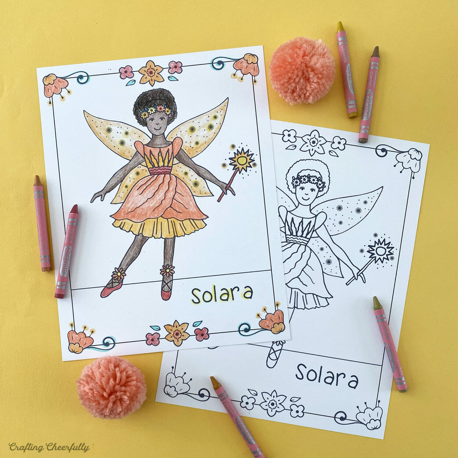 Fairy coloring pages for Solara the sun fairy with one colored and one not colored yet.