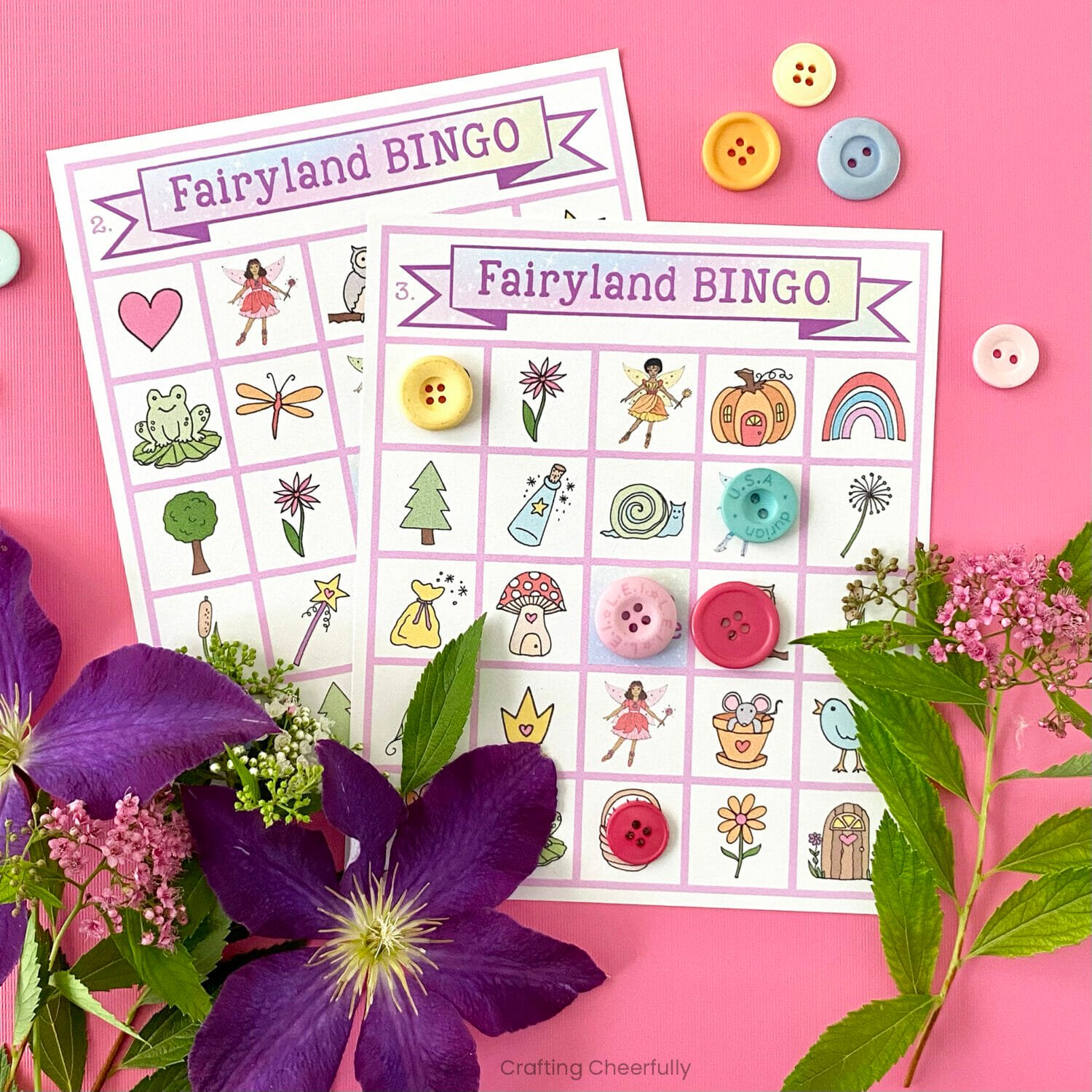 Two printable bingo boards with a fairy theme.