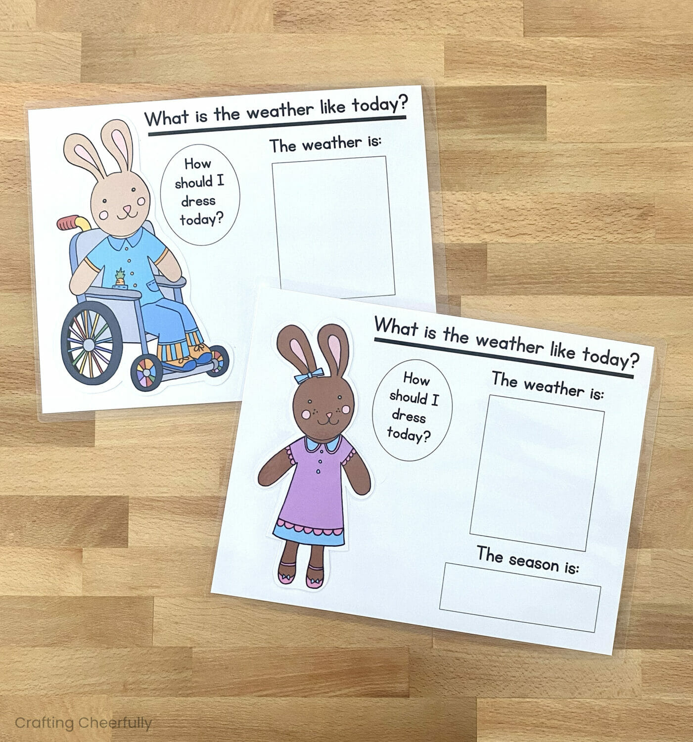 Two weather sheets with bunnies on them for kids to dress; one is a peach bunny sitting in a wheelchair and the other is a brown bunny standing up.
