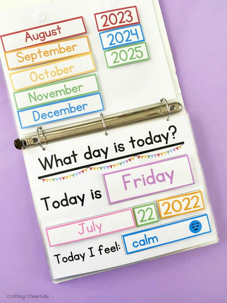 Busy book is open showing a page asking What Day is Today?