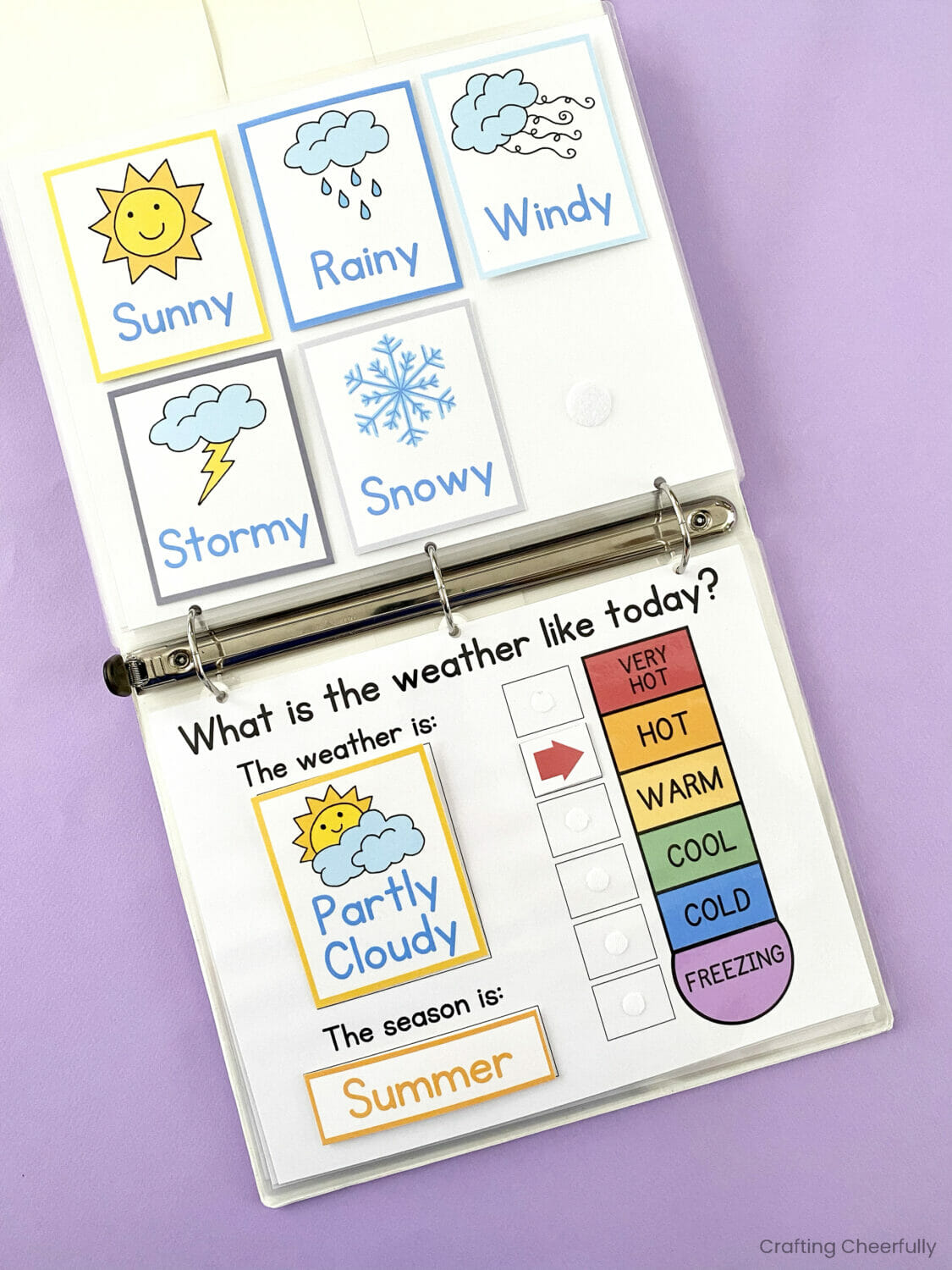 Busy book is open showing a weather page.