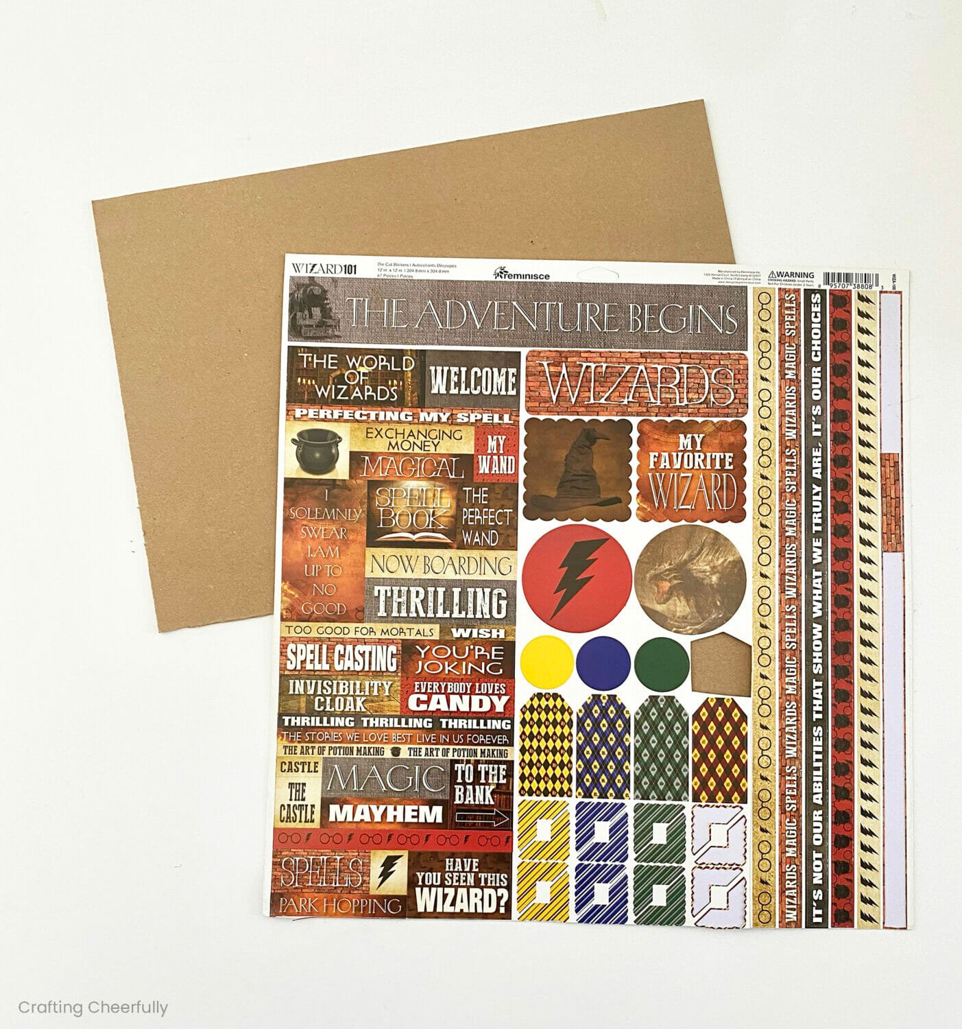 Chipboard and a sheet of Harry Potter-themed stickers.