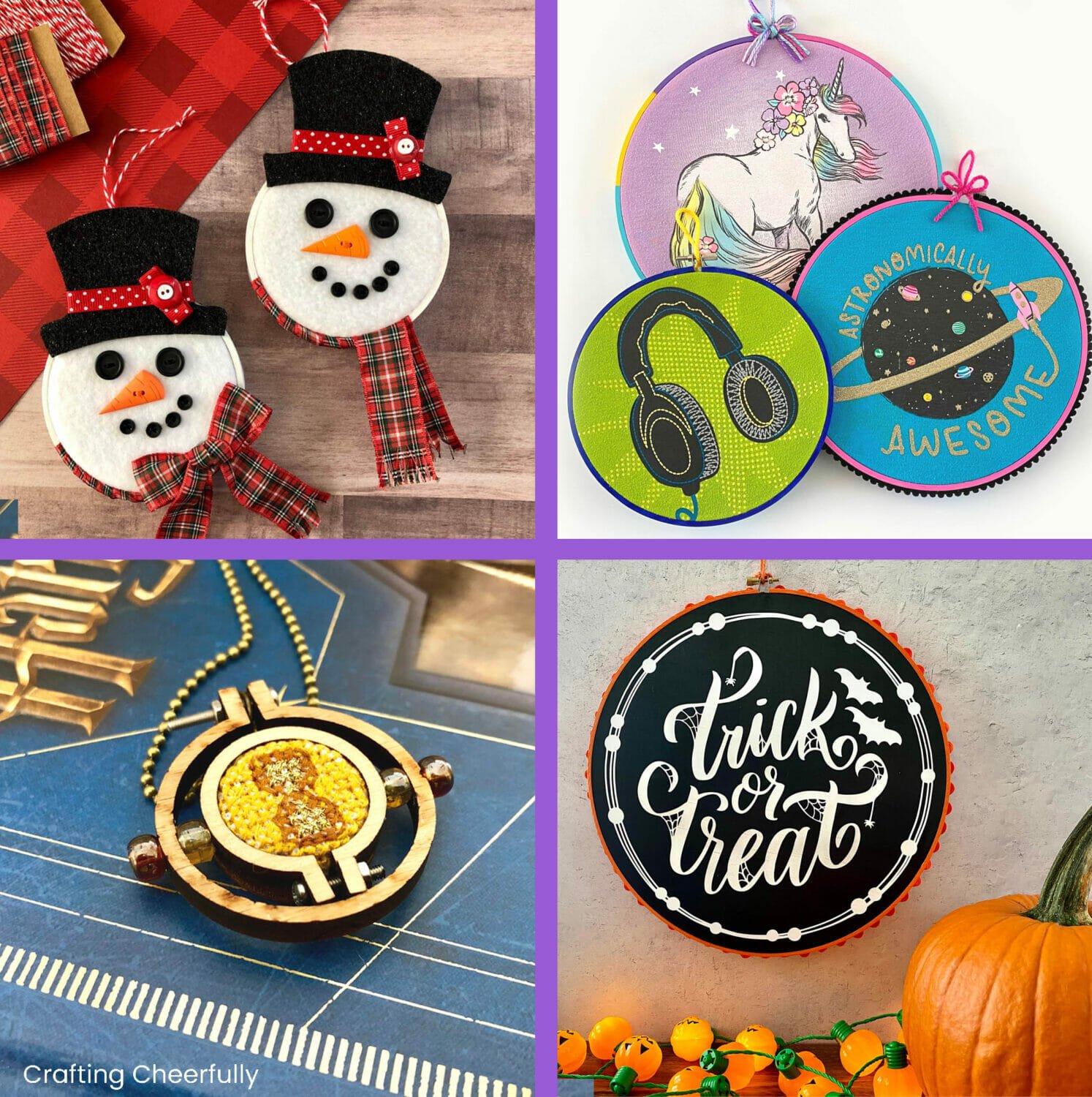 Collage with embroidery hoop crafts.