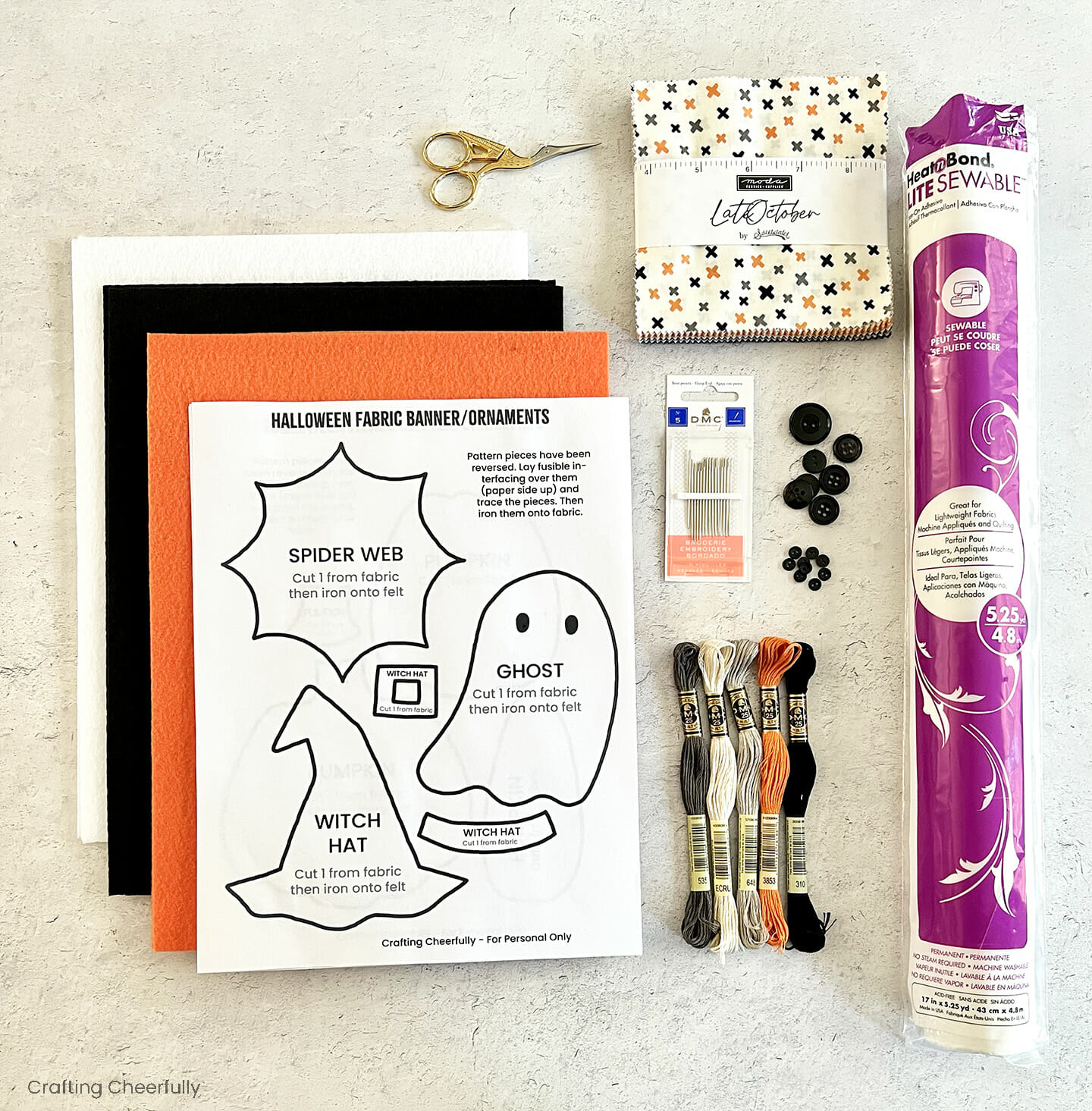 Template, stiffened felt, needles, buttons, charm pack, scissors, embroidery floss and a roll of interfacing.