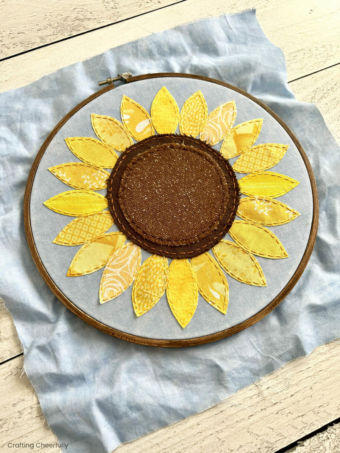 Sunflower made from fabric scraps.