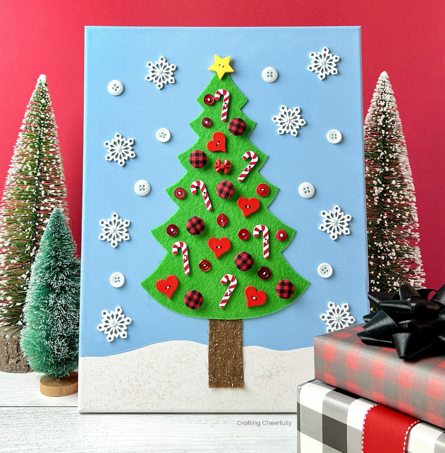 Christmas Tree Canvas Art using Buttons - Crafting Cheerfully