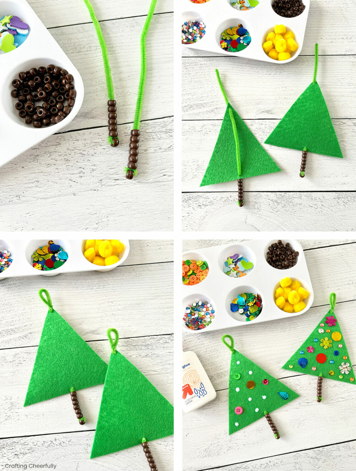 A collage of pictures showing a brown bead placed on the end of a pipe cleaner, followed by more brown beads and a felt triangle to form a tree.