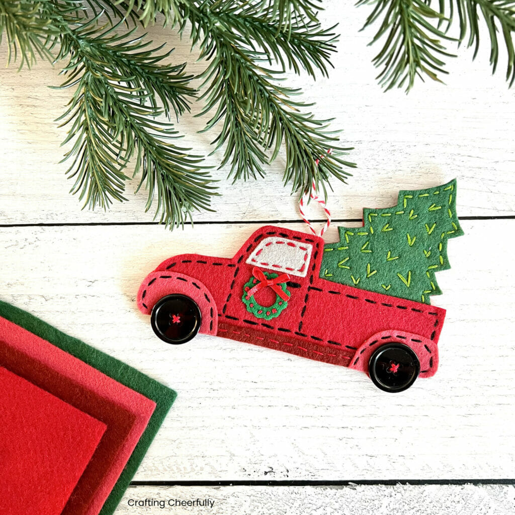 Vintage Red Truck Christmas Ornament Felt and Fabric Appliqué