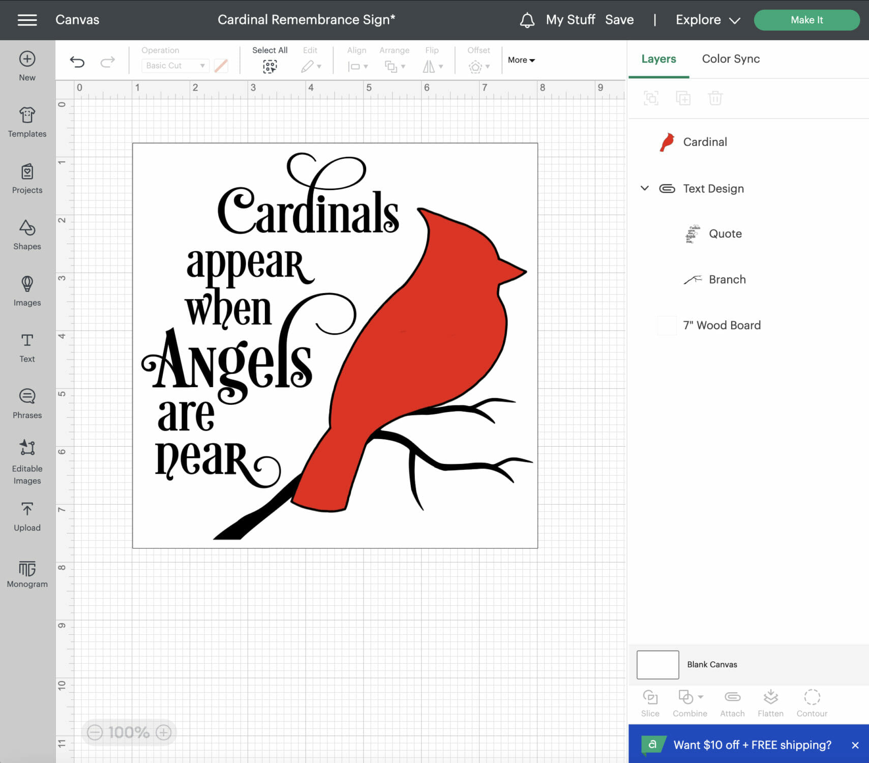 Cardinal remembrance sign in Cricut Design Space software.