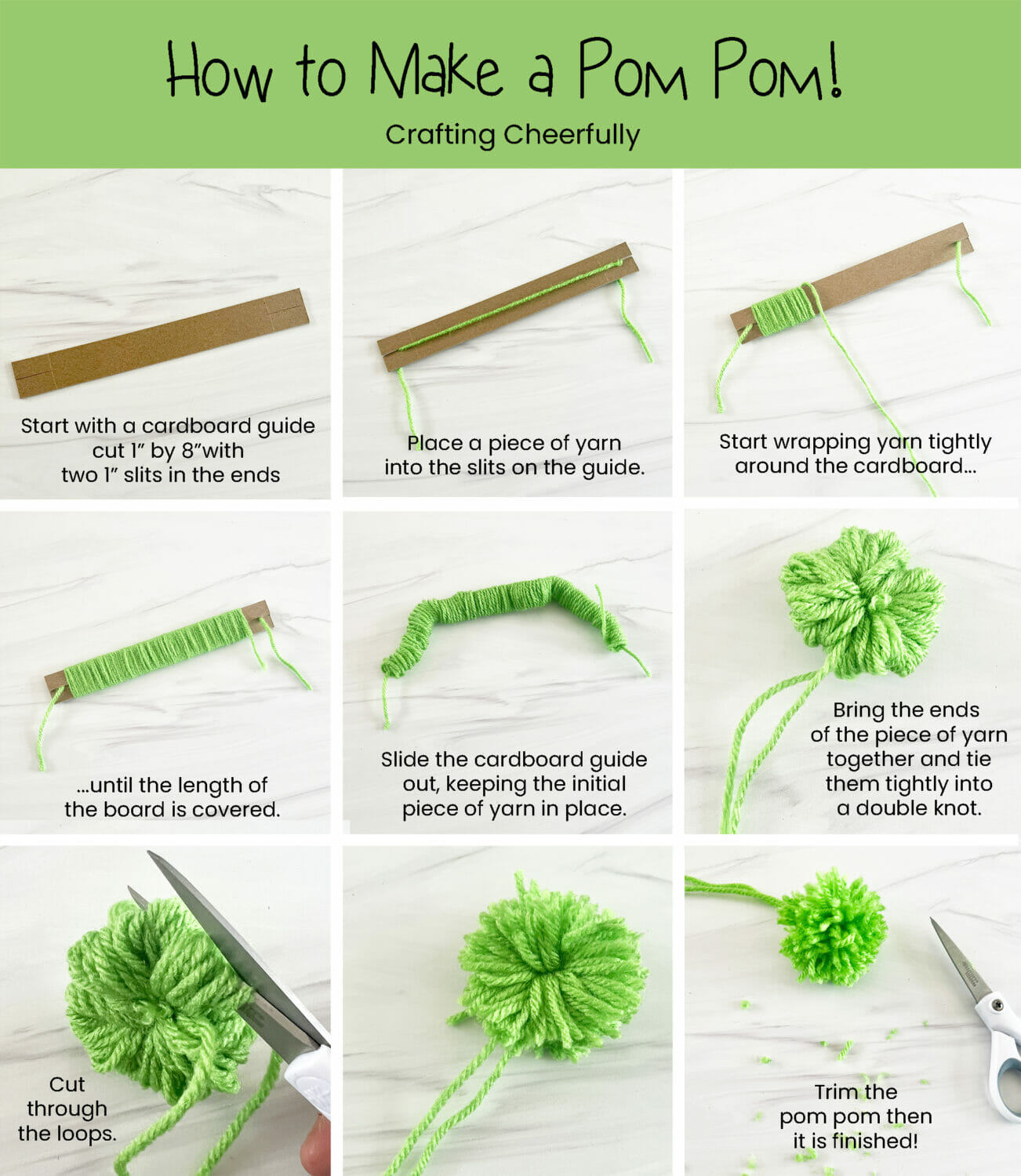 Collage showing how to make a pom pom.