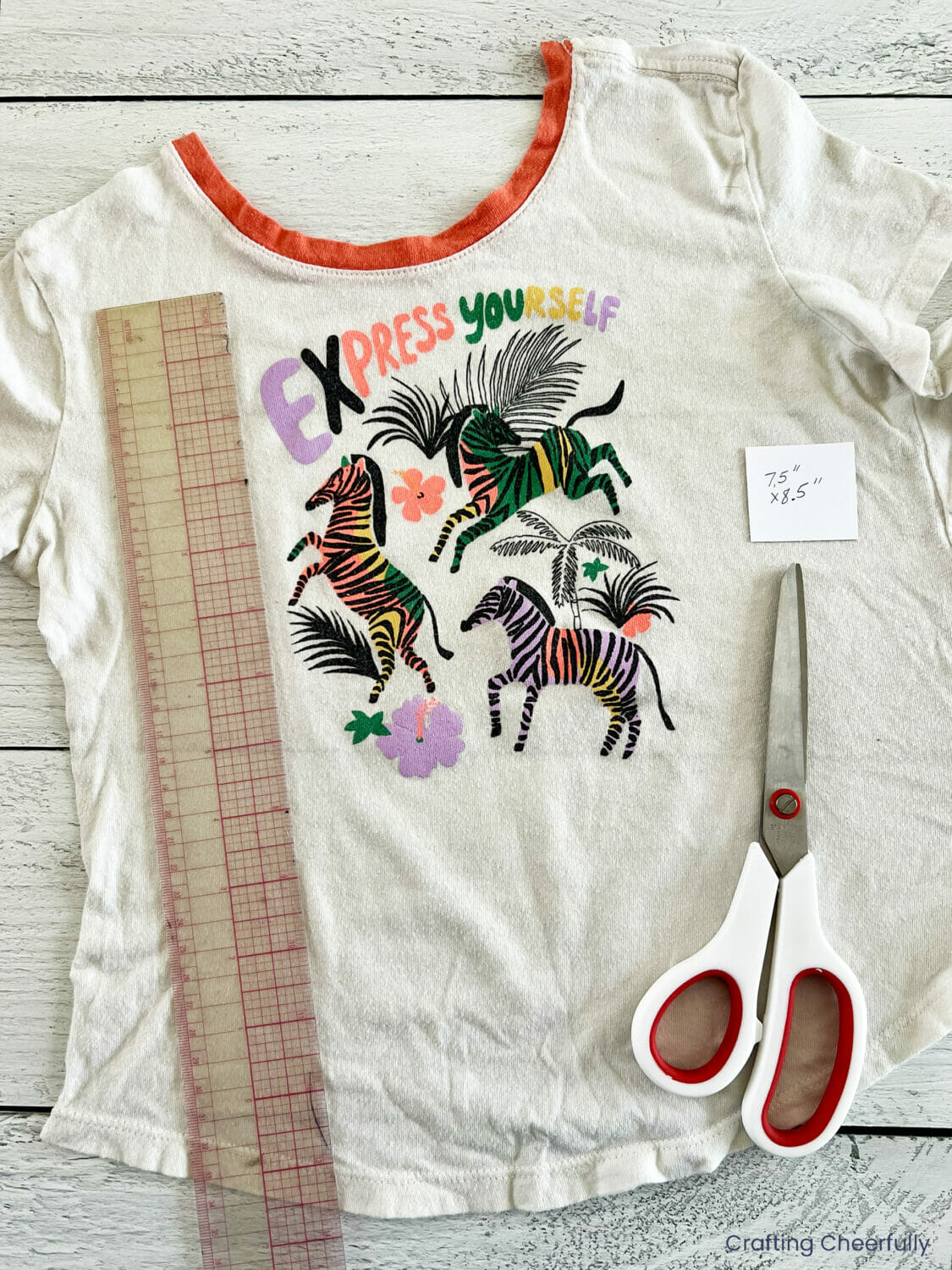 White t-shirt with zebras is cut apart and the front design measured with a ruler.