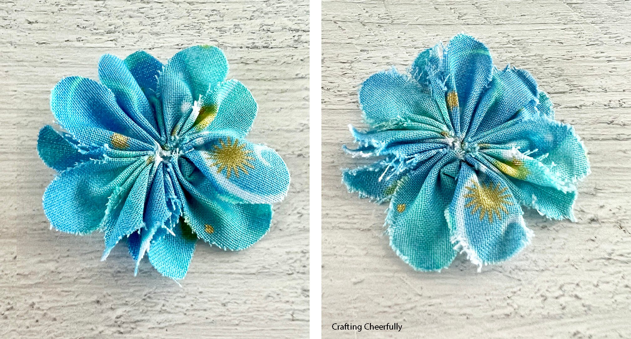 Two fabric flowers; one has crisply cut edges and the other has frayed edges.