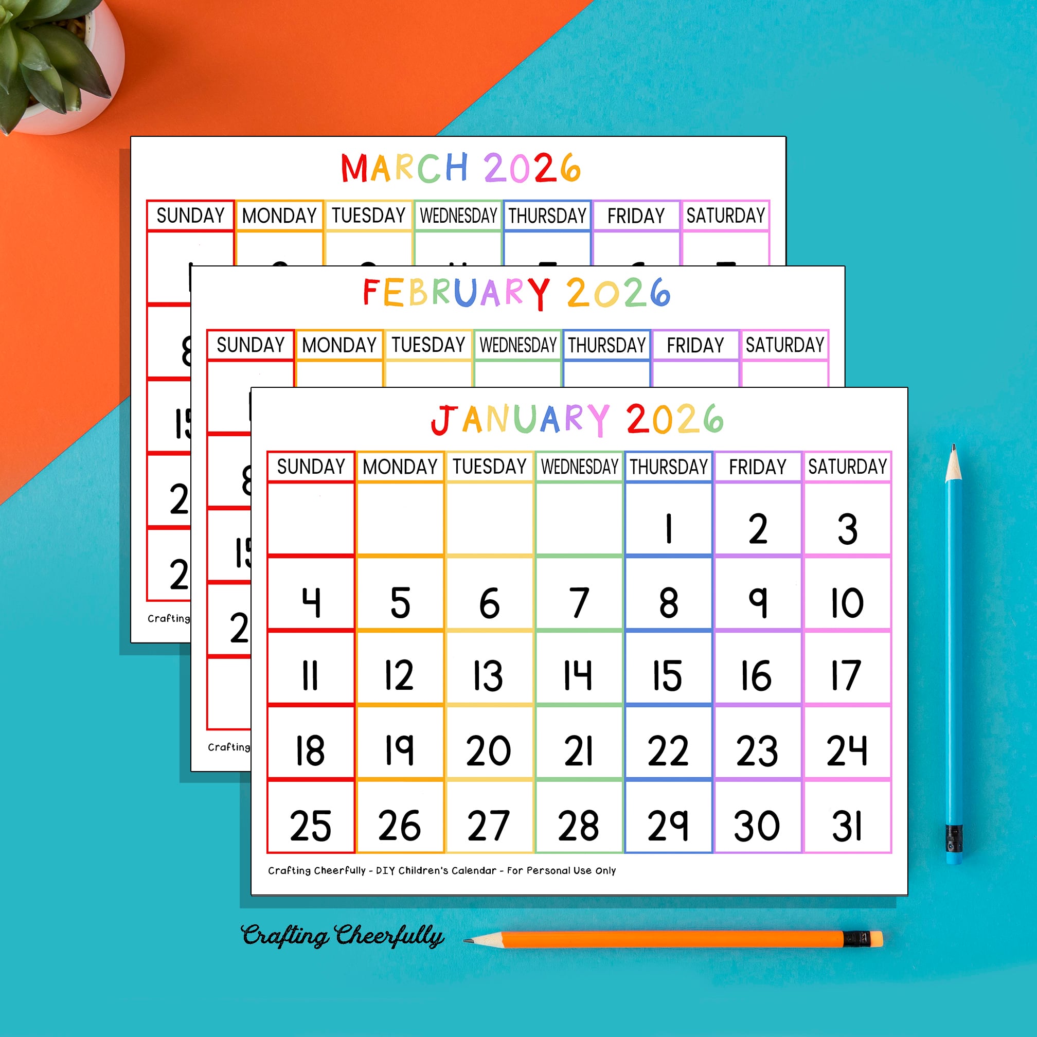 Three colorful calendar pages printables.
