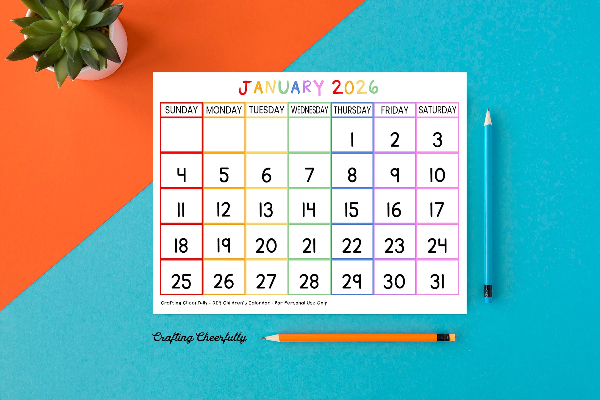 January printable calendar page with colorful days of the week.
