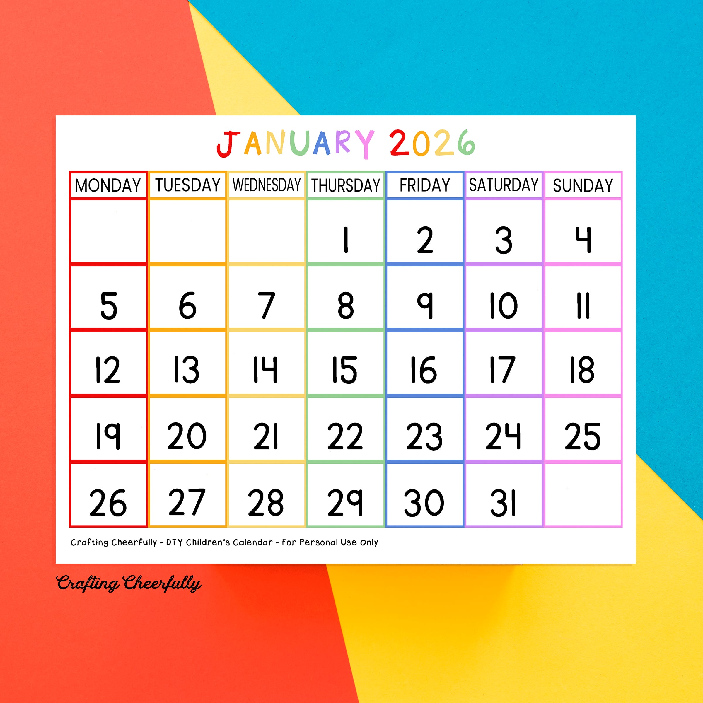 January printable calendar page with the week starting with Monday.