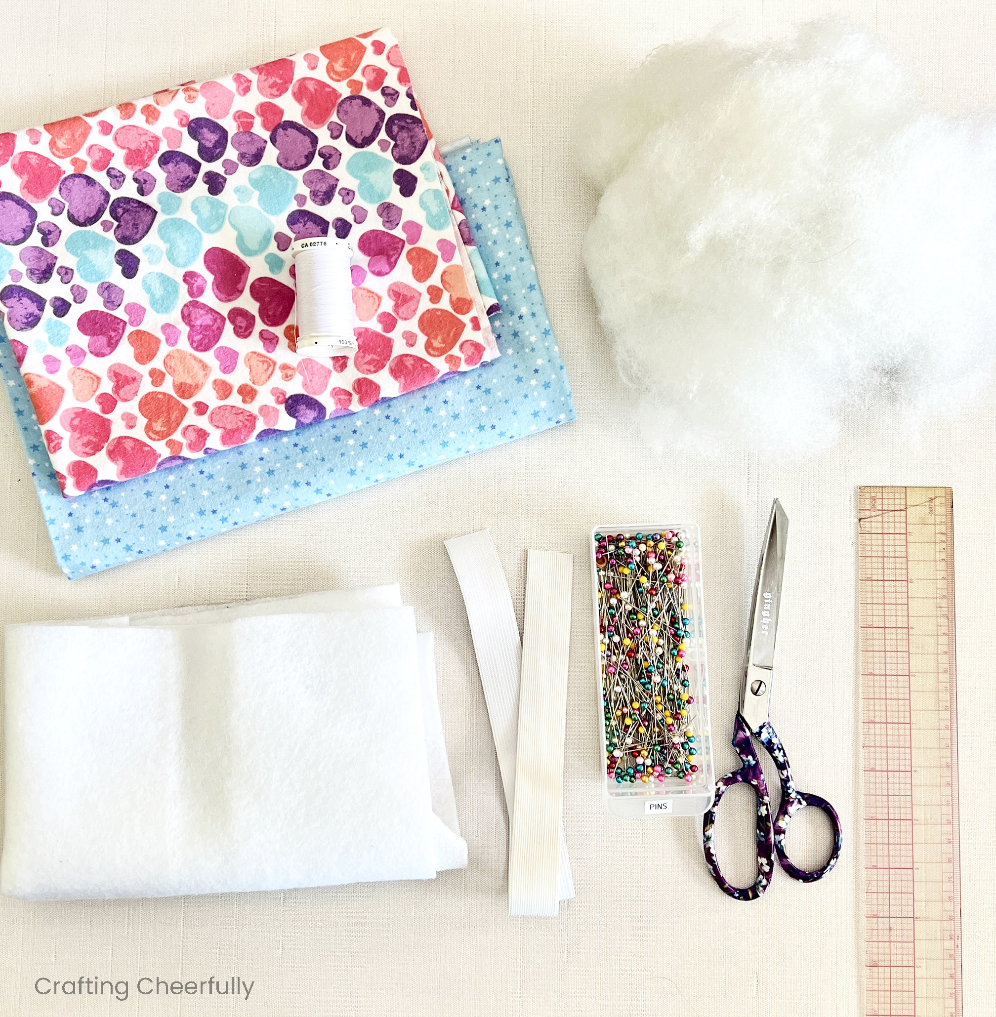Supplies needed for making a flannel doll sleeping bag.