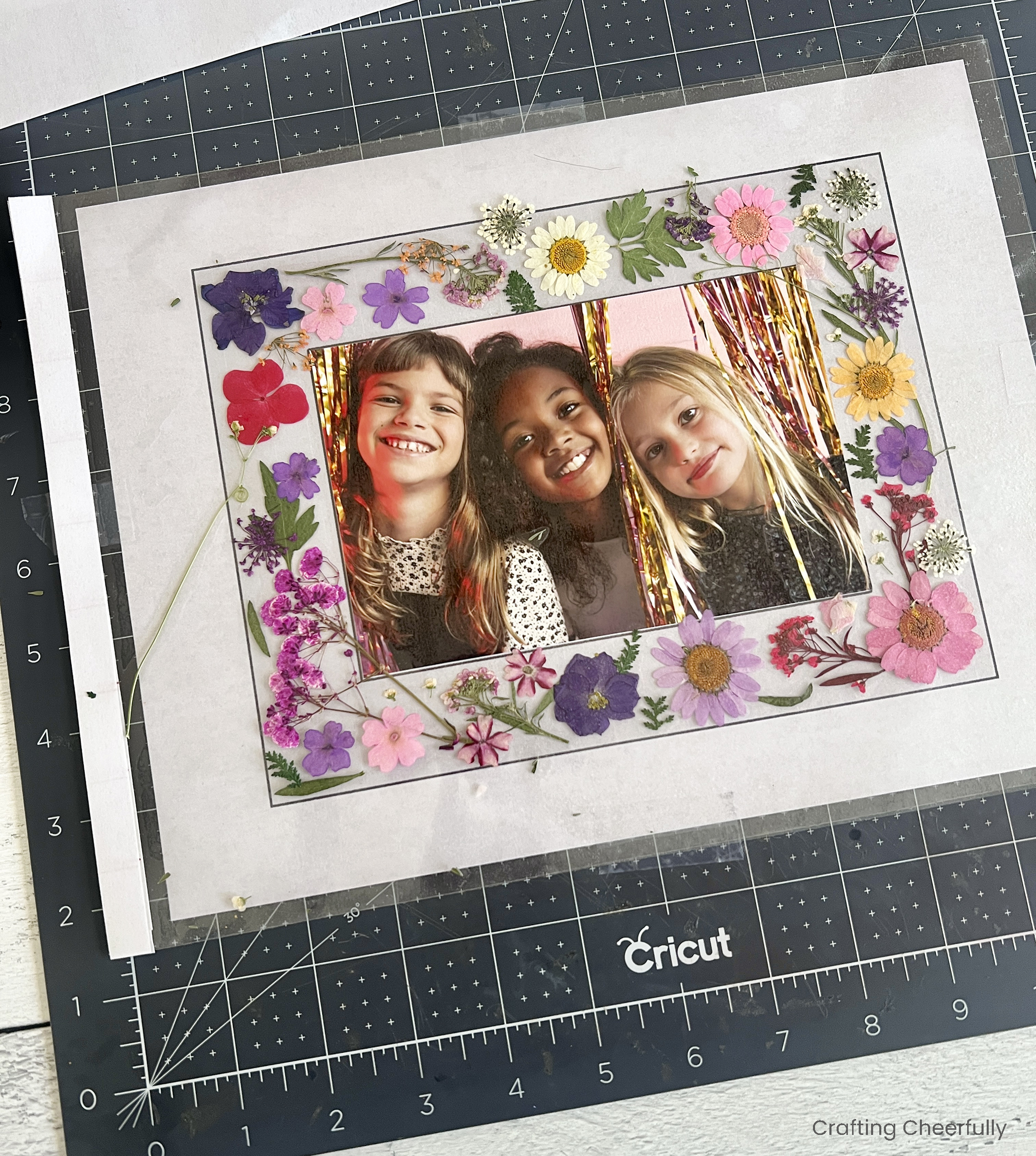 The arranged flowers are pressed between two layers of lamination.