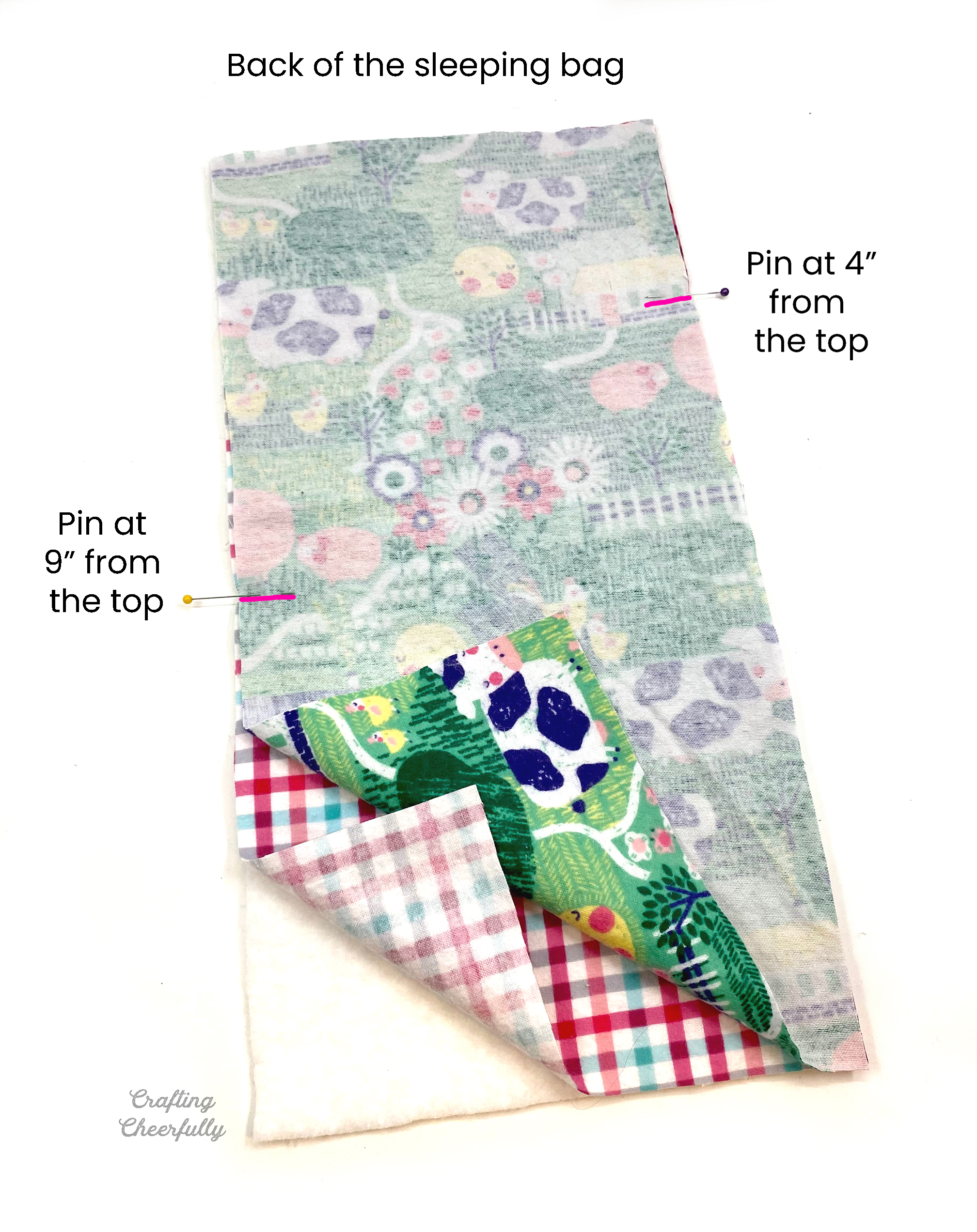 Three layers of fabric stacked together and marked at 9" and 4" from the top.