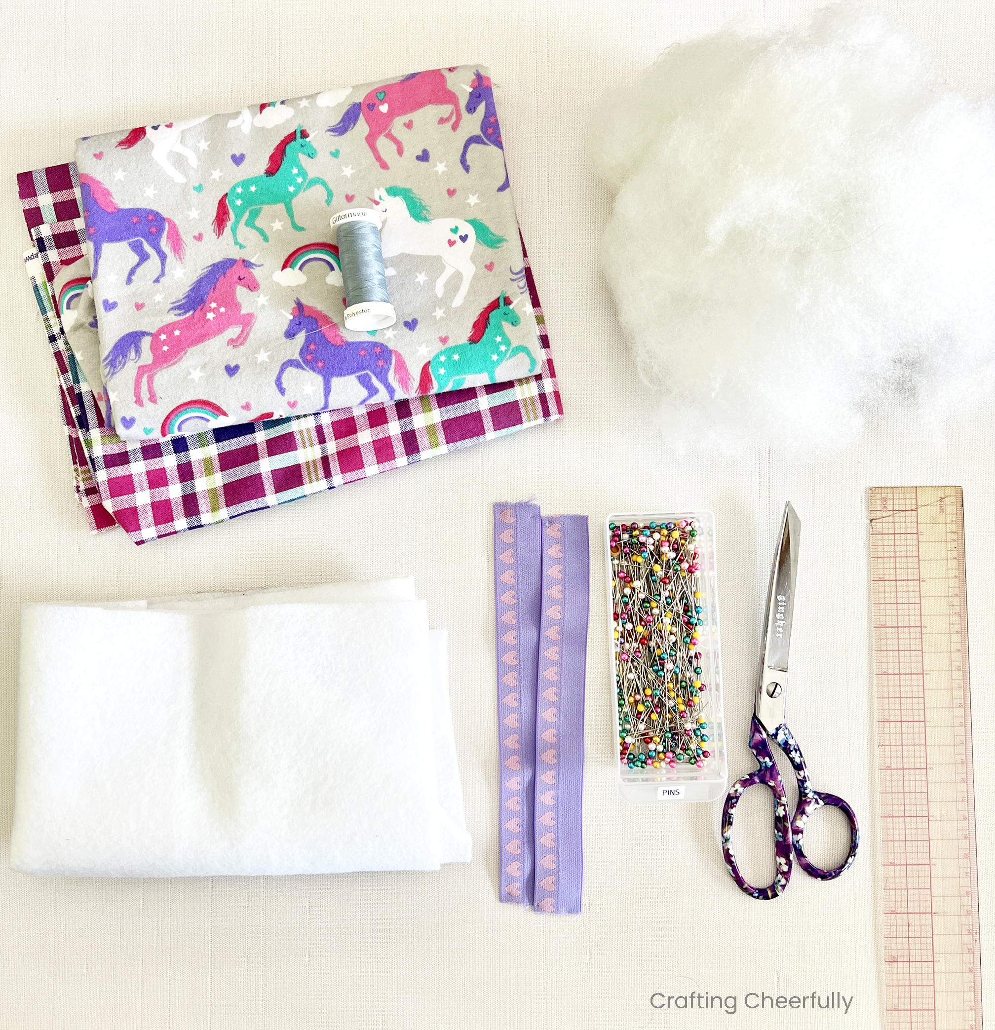 Supplies needed for making a flannel doll sleeping bag.